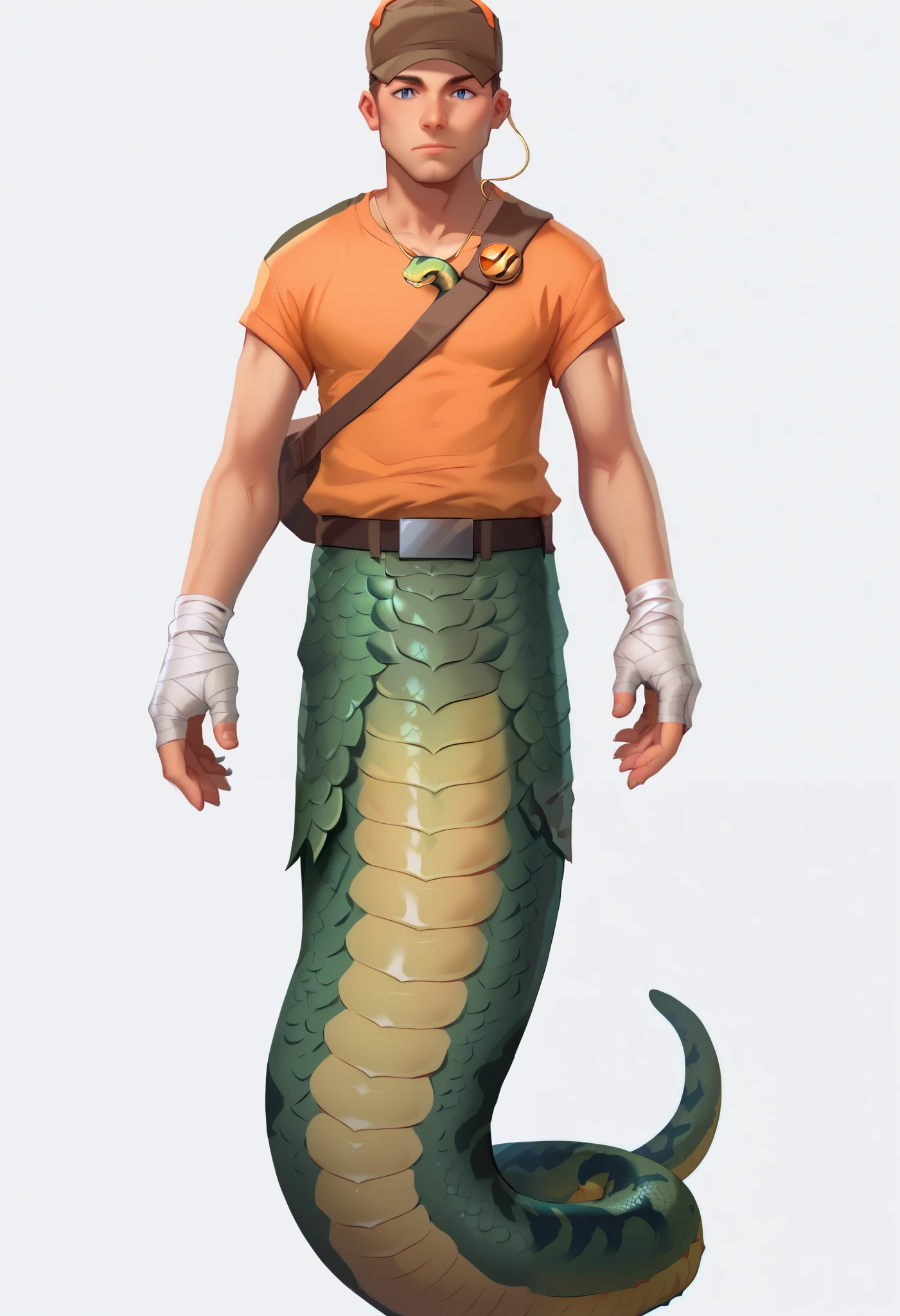 ((((tf2 Scout)))), redteam, ((TF2Scout)), yellow naga, ((((naga)))), male pyro, yellow snake tail, white background, simple background, full body, looking at viewer, centauroid, standing, centauroid snake, human torso, human head, brown cap, orange headphones, red t-shirt, bandages on arms, ((((no legs)))), ((snake tail)), Naga, Naga_tail, Scalie, scales