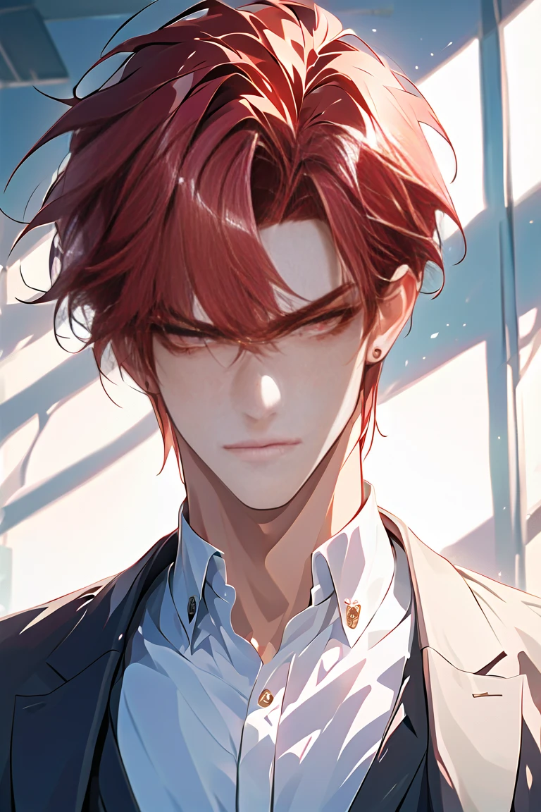 (tmasterpiece, high resolution, ultra - detailed:1.0), (1 male, masculine face), Perfect male body, tall and strong, Adult male, Delicate eyes and delicate face, Extremely detailed CG, Unity 8k wallpaper, Complicated details, Detailed face, ( short  gray red hair, serious faces, white shirts,Bad students), (frown,smile:1.3), stad in school corridor, street style, color difference, Depth of field, dramatic shadow, Ray tracing, Best quality, Cinematic lighting, offcial art,Portrait