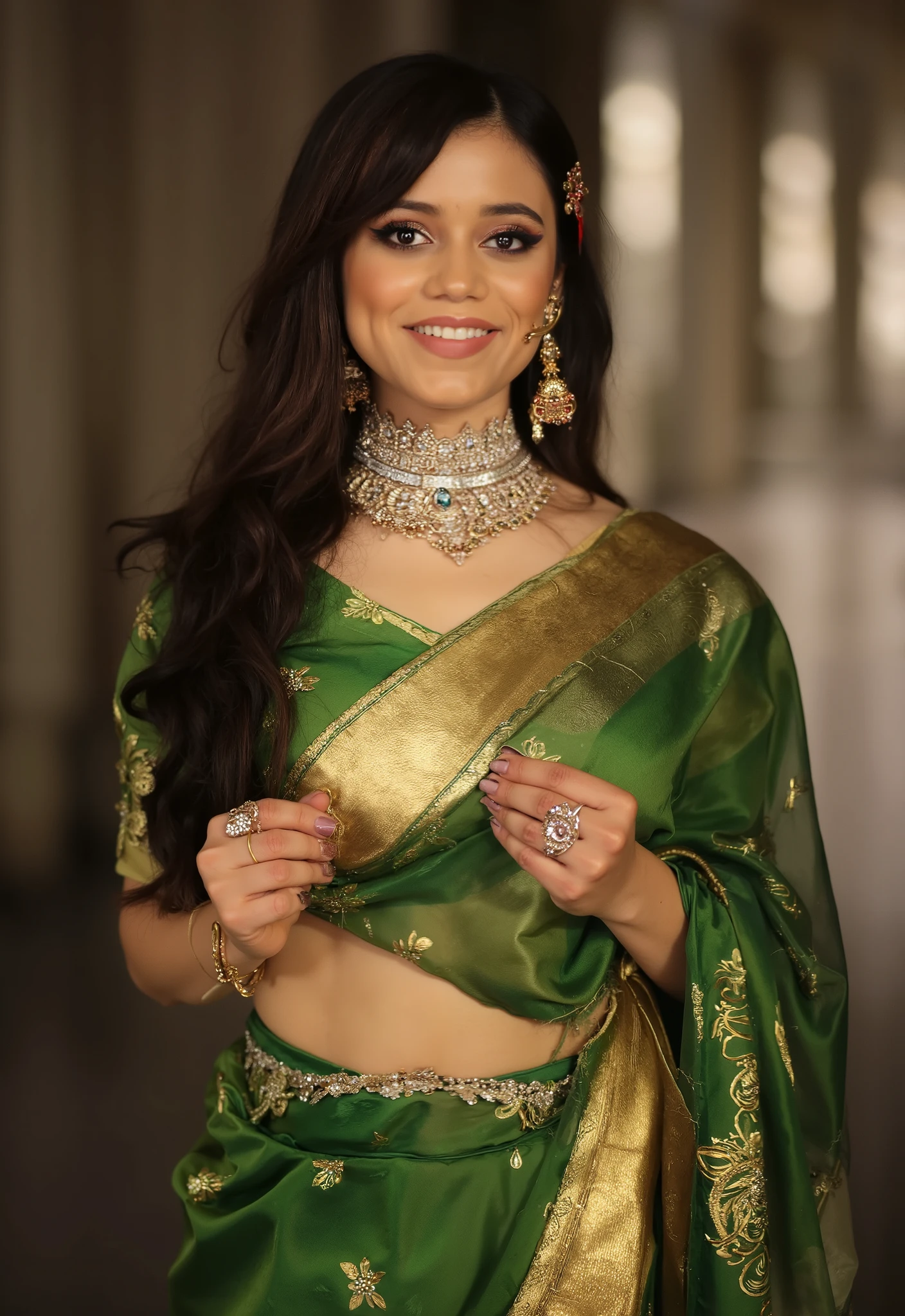 a woman in a sari and gold blouse posing for a picture, sari, wearing elaborate green and gold, indian, candid picture, satin, 4 k post, 4k post, indian goddess, dressed in a sari, very very beautiful woman, showing her round navel,candid shot, a still of a happy, very beautiful woman, traditional beauty, candid photograph, thick neck, wearing a sari