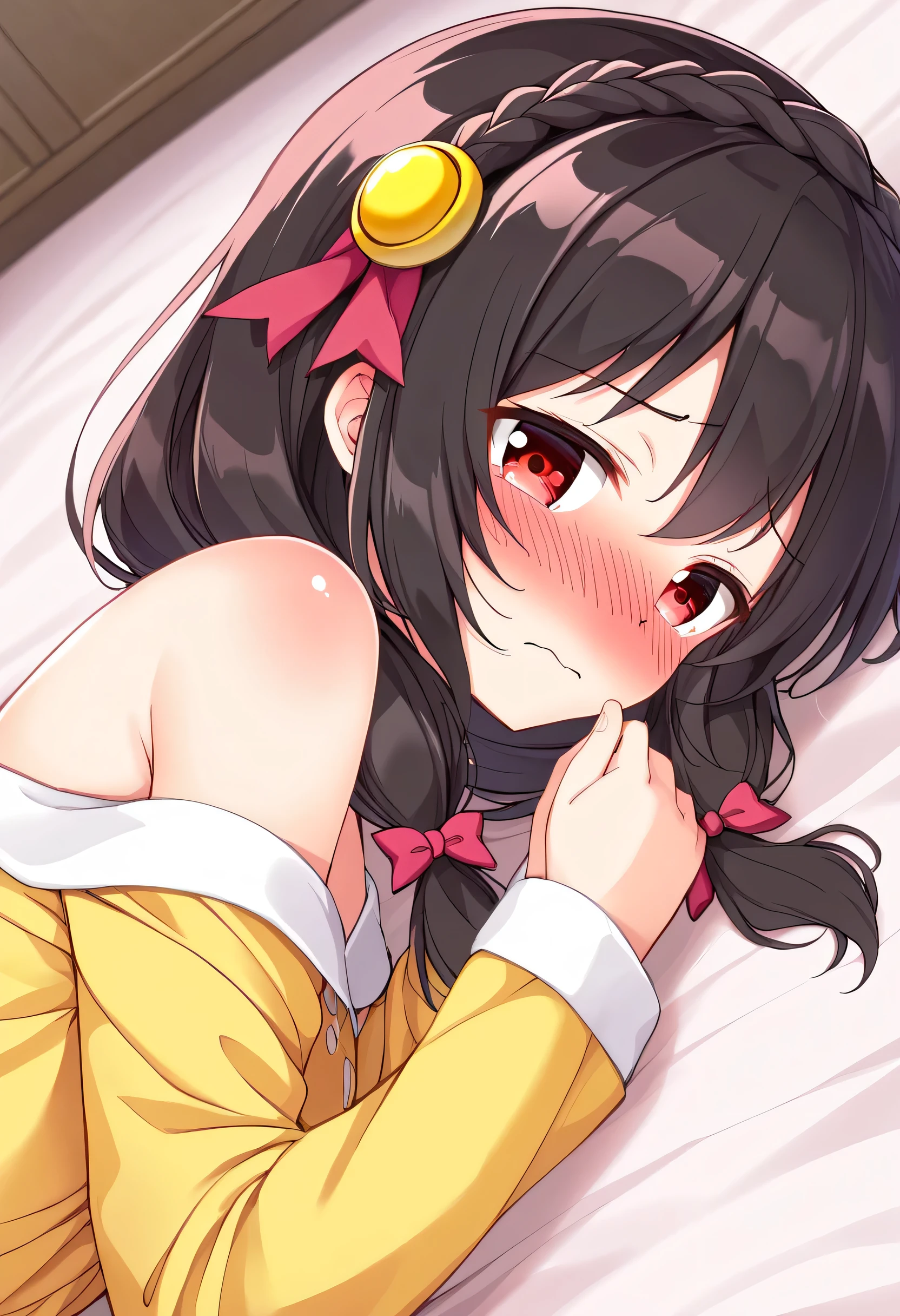 Yunyun、masterpiece, best quality ,  high resolution,(One person), Yunyun、  crown braid the same color as my hair,  black hair、 red eyes、 Hair Accessories , ( yellow pajamas with my shoulders out )、(blush)、( Embarrassed Expression)、 view viewer、(I'm sticking only my face out of the futon :1.2)、(Lying on a futon )、solo、 side view、(Duvet)
