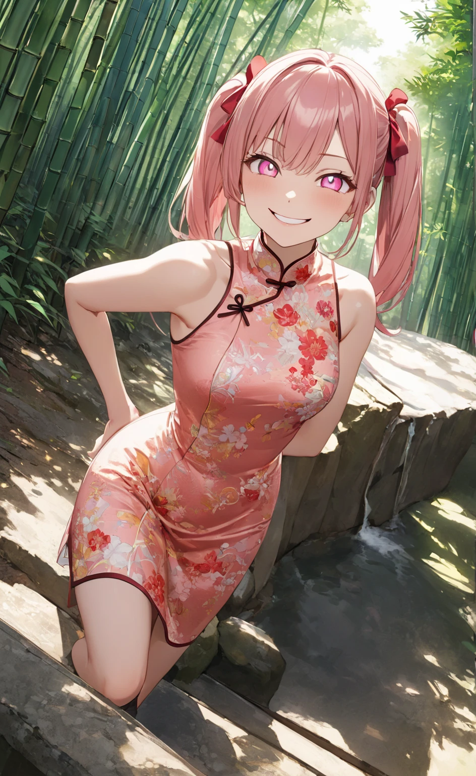 (nfsw:1.2),(1 girl),(Best Picture Quality, 8K, Masterpiece:1.3), (high school student:1.5), ((pink lob hair:1.1)), (bob cut),(swept bangs), (cute eyes, pupil black, iris skyblue, youthful face), (mole under right eye), (standard weight), (small breasts),(pink chinesedress), (glistening skin:1.1),flustered, sitting, (Beijing:1.2)