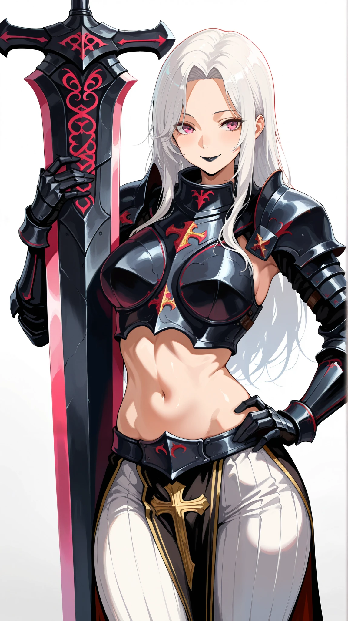 dark skinned, silver hair, abs, androgynous, nsfw, black skirt, chainmail armor, holding spear