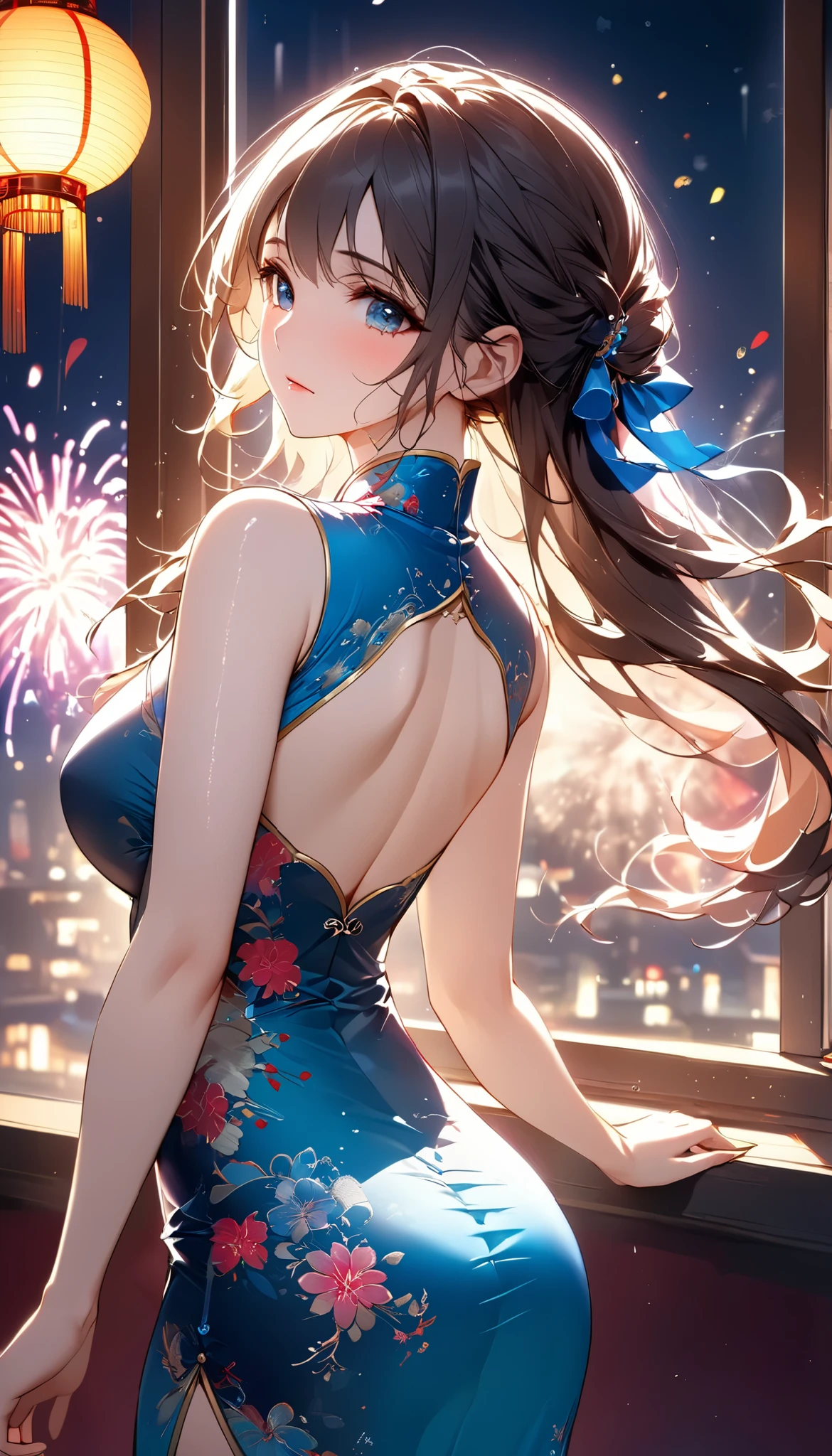 mature woman standing with her back to camera:1 girl wearing an Luxury Chinese dress,
smooth, Moisturized and firm skin, Tight and sexy outfit,
A corner of the red-light district, dark background highlighting the subject , big window, The soft light of a lantern,
break (Exquisite silk texture:Luxury:Gross:smoothness:Complaints),
Blake High Quality , Highest Resolution , Detailed and crisp image quality, 16k, Super Retina ,
A beautiful Chinese dress with a delicate pattern , adult appeal , melancholy, Feeling Weak, long hair tied at the back , colorful fireworks seen from the window,
Detailed and complex, colorful , Transparent Full Color Coating , Light and Dark, high contrast ,
BREAK gorgeous fireworks seen from window , Midea,
upper body shot,