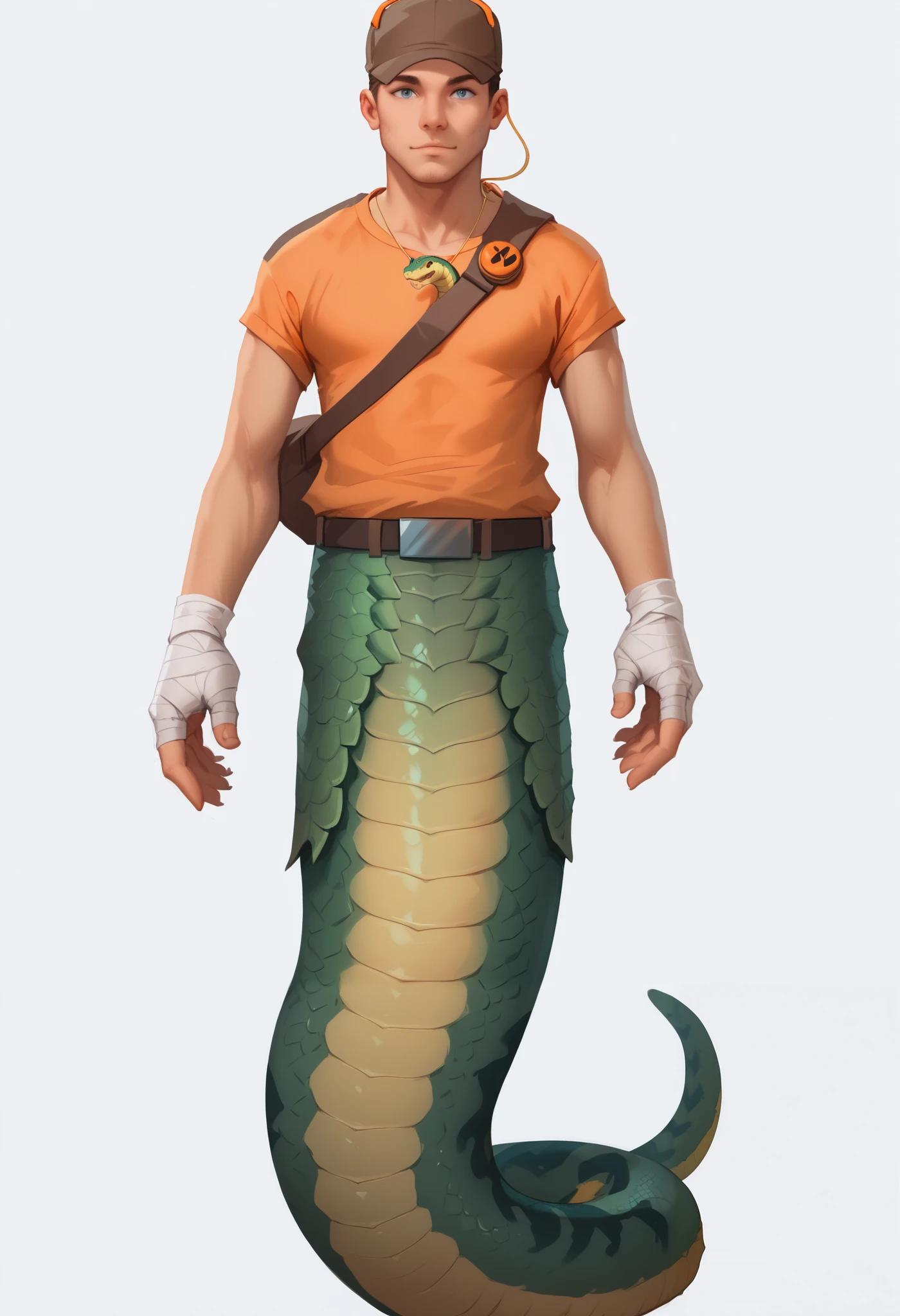 ((((tf2 Scout)))), redteam, ((TF2Scout)), yellow naga, ((((naga)))), male pyro, yellow snake tail, white background, simple background, full body, looking at viewer, centauroid, standing, centauroid snake, human torso, human head, brown cap, orange headphones, red t-shirt, bandages on arms, ((((no legs)))), ((snake tail)), Naga, Naga_tail, Scalie, scales