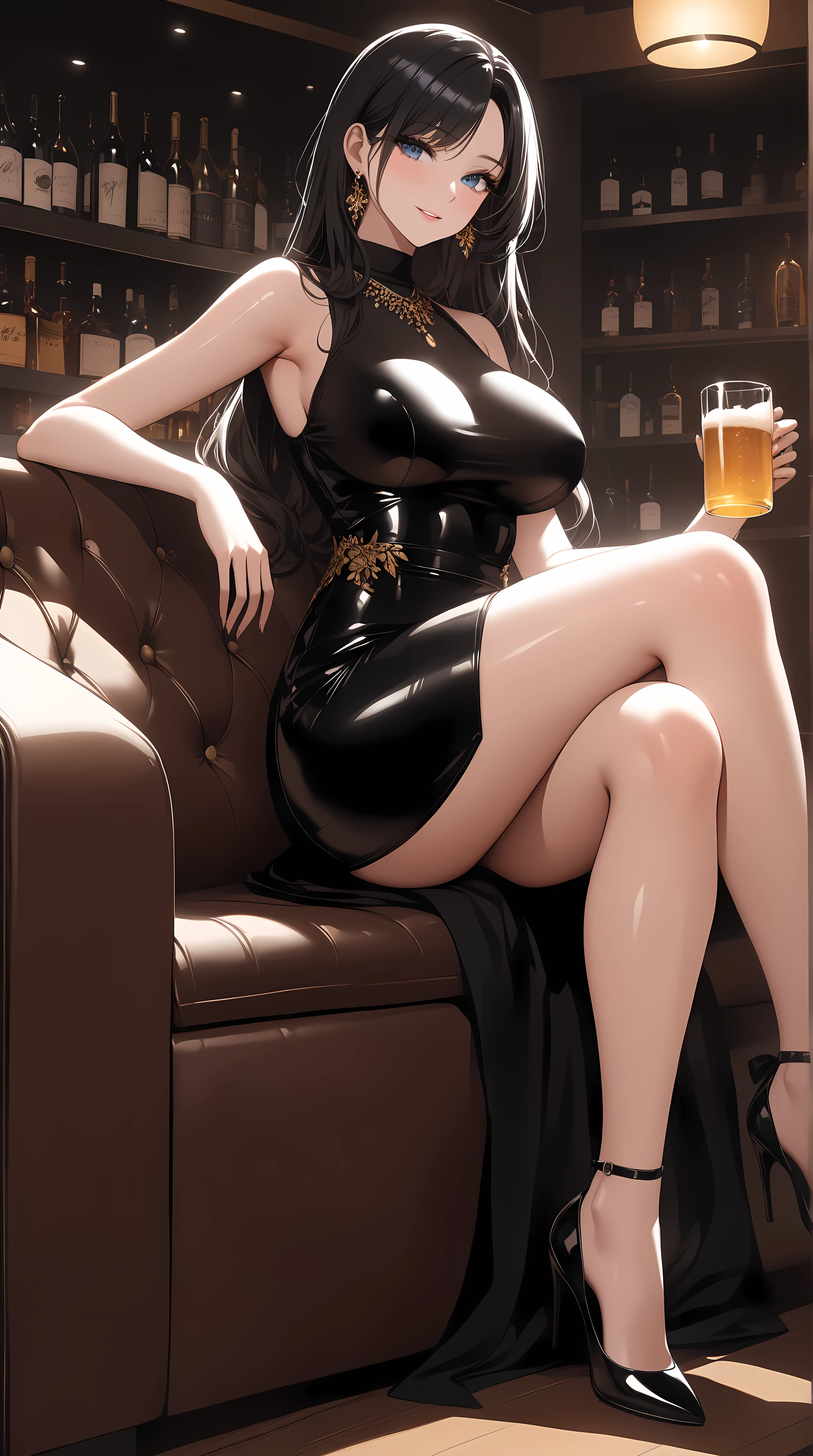 1 woman, sitting on a chair at a table, sexy curvy body, gorgeous, Dark dishevelled hair, languid and sad look, a little drunk, a bottle of wine on the table, holding a wine glass,  (big tits), (waist is flat), wears black leggings and a very low-cut, tight white T-shirt, masterpiece,4k, hir realism