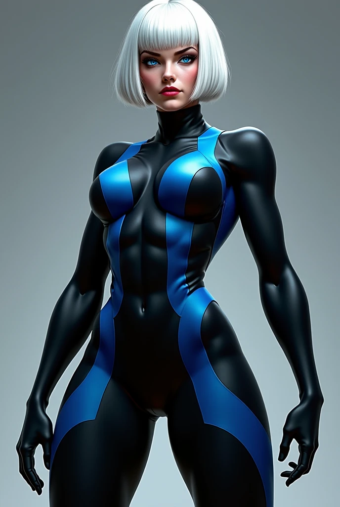 sexy woman in a transparent bodysuit, see-through, standing, bob cut hair, standing, blue eyes, black bodysuit with hex pattern, net, armour plating, large breasts