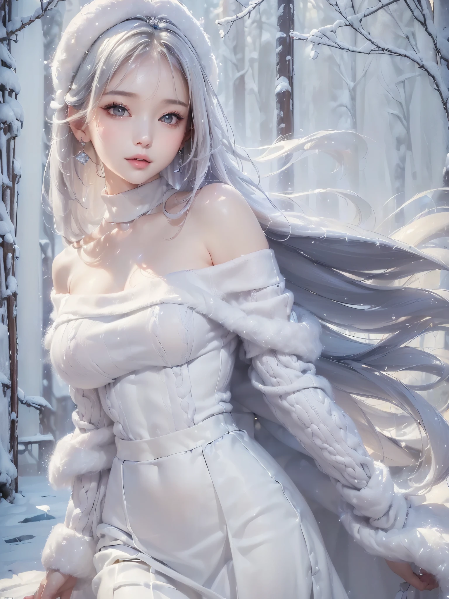 ((masterpiece:1.5、Very detailed、Realistic:1.4))((alone、winter girl、off shoulder sweater, Long skirt, Taking off her fur coat. Detailed face、brightexpression, Whiter skin、large breasts, Best Looks、Ultimate beauty、white straight hair))(ruins)