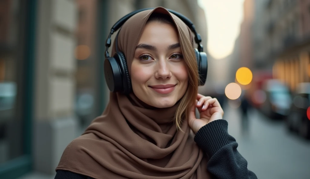 A photorealistic portrait of a 25-year-old Saudi Arabian female, Middle East, Delighted emotion, Calm expression, she is wearing a headphone and enjoying the music.Cheerful almond-shaped brown Eyes, symmetrical face, left gaze, plump lips, wearing rose pink elegant hijab, soft light, golden-hour sunlight. The background should be a scenic outdoor setting, perhaps a sunlit beach.