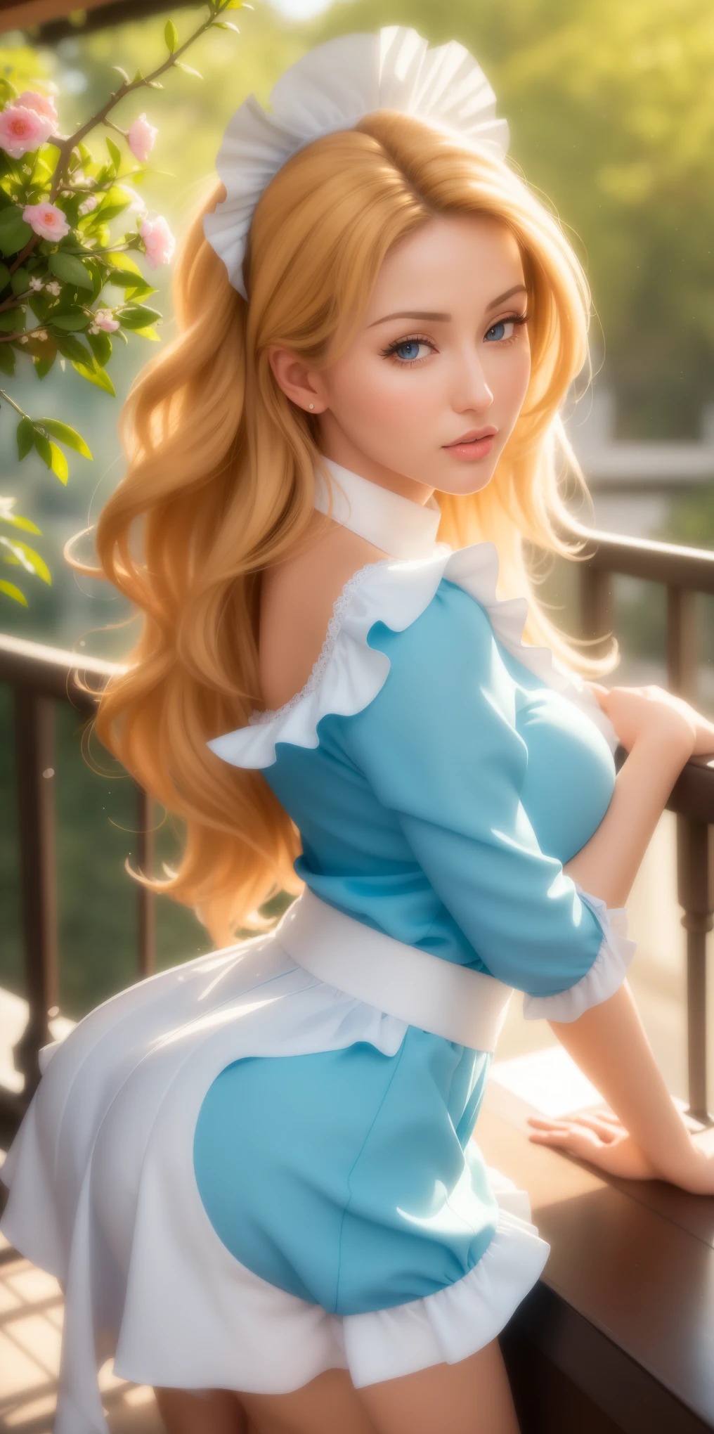 masterpeace, best quality, highres, 1girl, hayasaka ai, solo, blonde hair, maid, blue eyes, side ponytail, hair scrunchie, hair ornament, blue scrunchie, maid headdress, apron, hair between eyes, breasts, long sleeves, bangs, white shirt, black dress, sidelocks, maid apron, black pantyhose, cowboy shot,