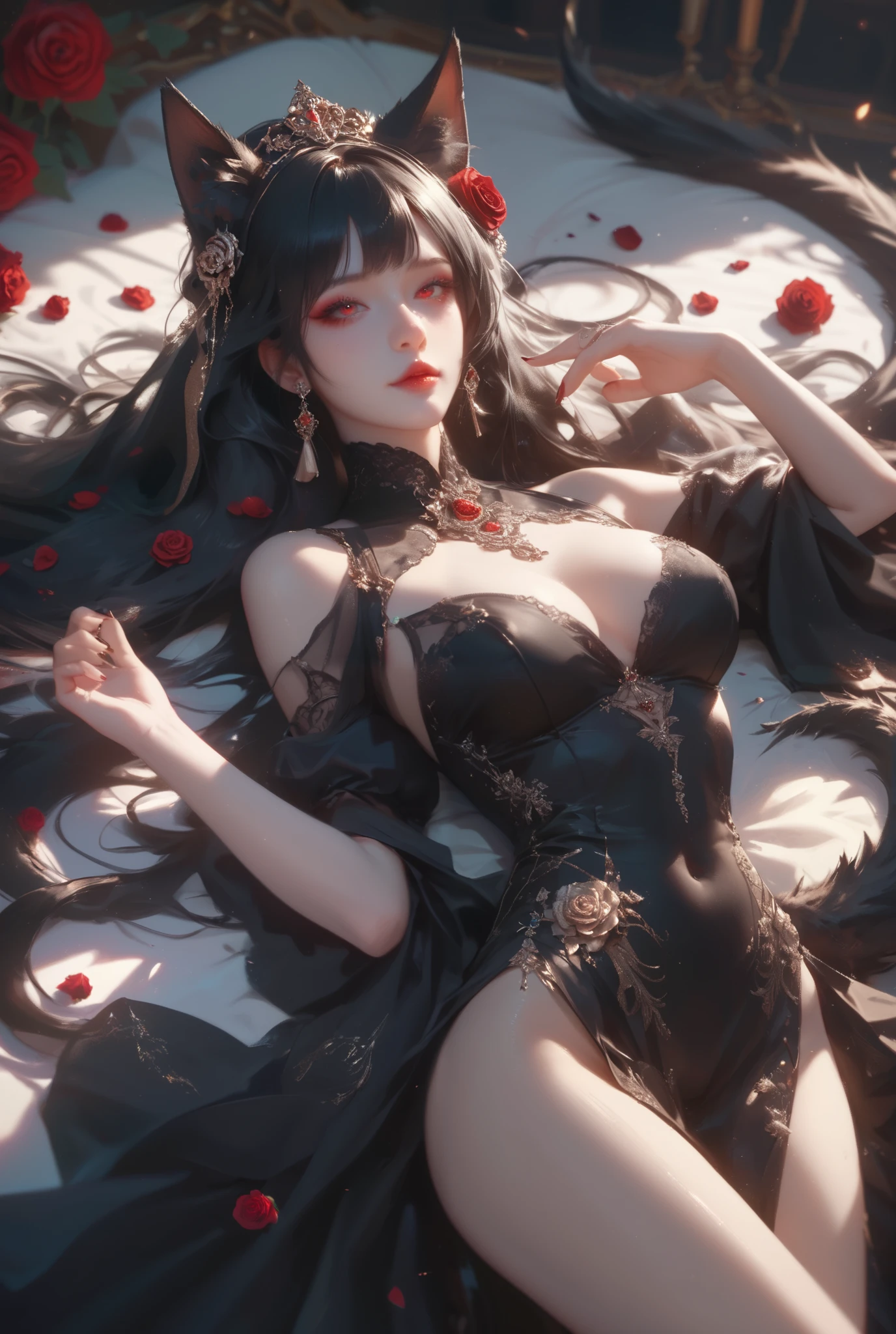 Generate a soft and dynamic stylized illustration of a ethereal and beautiful woman with pale skin, long black hair, sharp red eyes, with black wolf ears and tail, wearing an elegant, flowy black dress, laying down in a dark, elaborate coffin full of red roses; she has a cold, detached expression