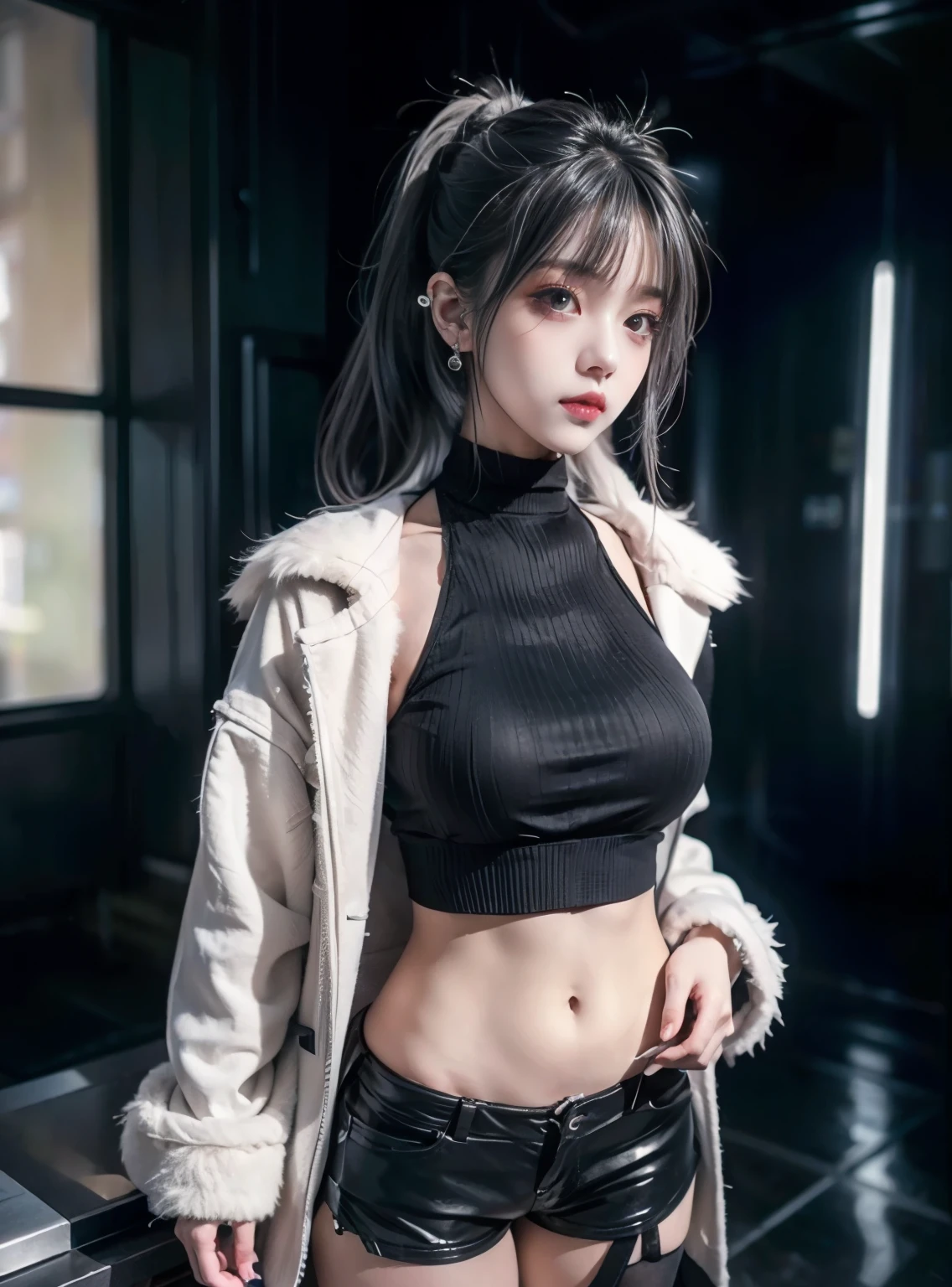 Young girl, short gray hair, gray eyes, high ponytail, cyberpunk, white top, open belly, shorts, furcoat, masterpiece, high quality, SilverWolf