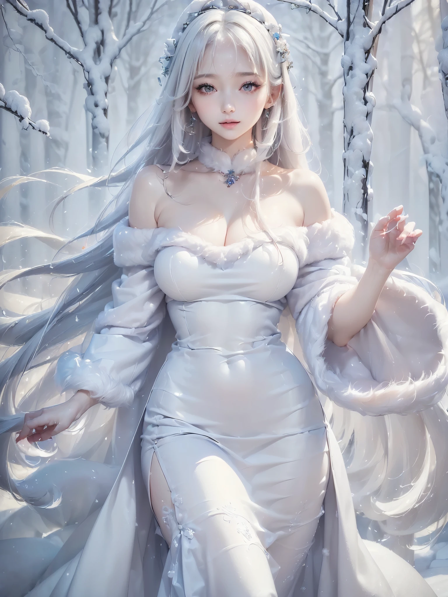 ((masterpiece:1.5、Very detailed、Realistic:1.4))((alone、winter girl、off shoulder dress, Long skirt, Taking off her fur coat. Detailed face、brightexpression, Whiter skin、large breasts, Best Looks、Ultimate beauty、white straight hair))(ruins)