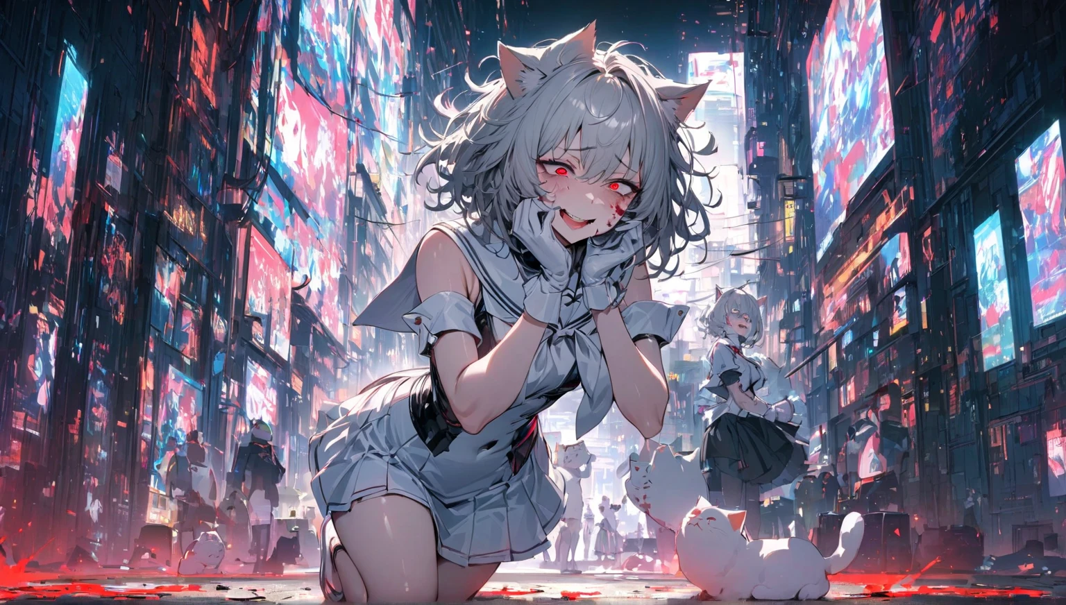 (masterpiece), the best quality, expressive eyes, perfect face, a girl, white hair, short hair, messy hair, crazy eyes, red eyes, Cyberpunk background, white sailor skirt, short skirt, squinting eyes, whole body, overlooking the audience, cowboy shooting, satisfactory smile, wide open mouth, shiny skin, crazy smile, red blood on the face, white cat's ears (Steamed cat-ear shaped bread), sexy skirt, white gloves, hands in front of her, hands on their cheeks, hands on their own face, alone, white heels, elbows slightly squeezed, perfect anatomical structure,