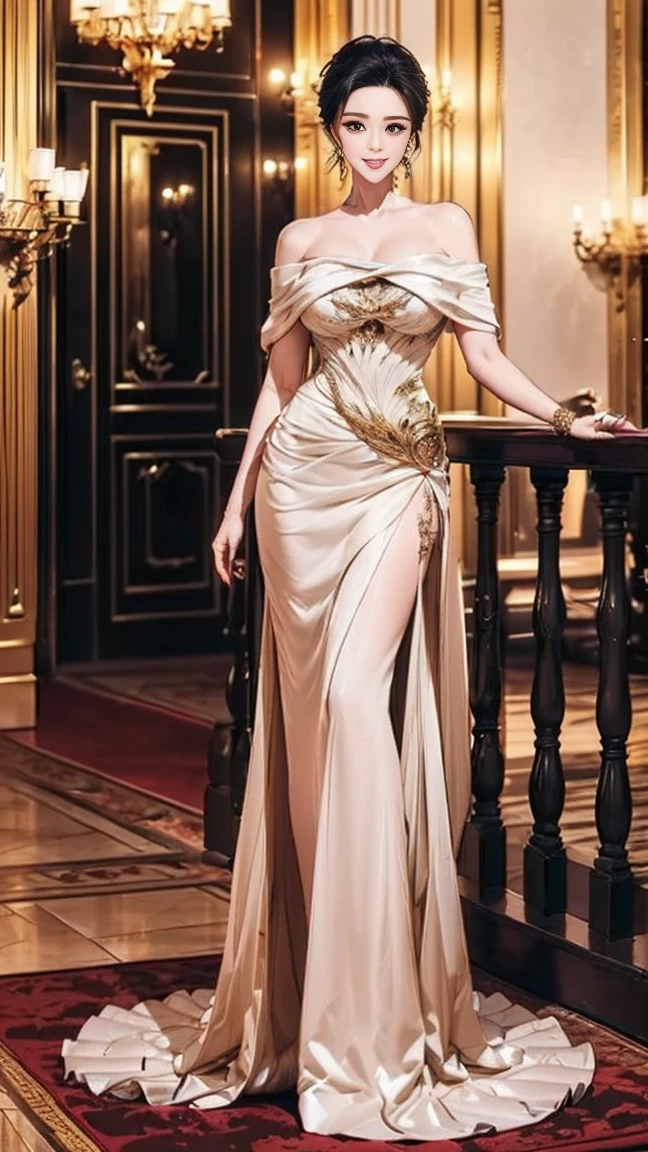 best quality, best detail, 4K, 8K, The Ancient Rome inspired dress is a testament to opulence and grace, featuring a floor-length silhouette with a draped, flowing fabric reminiscent of traditional Roman attire. The bodice boasts intricate golden embroidery, drawing inspiration from Roman architecture and motifs, adorning the neckline and cascading down to the waistline. The dress incorporates rich, earthy hues such as deep crimson, olive green, or royal blue, paying homage to the colors favored during that era. The skirt falls in graceful pleats, echoing the elegance of Roman fashion, while subtle accents of metallic detailing replicate the ornate jewelry prevalent in ancient times. This attire evokes a sense of regality and sophistication, blending historical grandeur with modern allure.