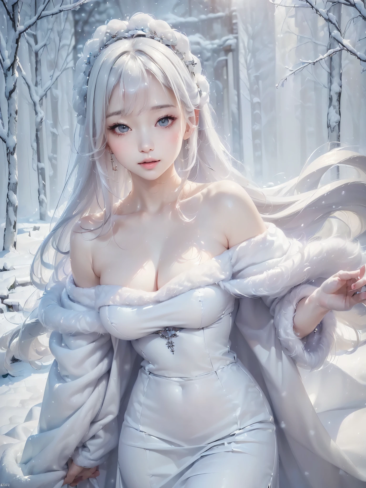 ((masterpiece:1.5、Very detailed、Realistic:1.4))((alone、winter girl、off shoulder clothes, Long skirt, Taking off her fur coat. Detailed face、brightexpression, Whiter skin、large breasts, Best Looks、Ultimate beauty、white straight hair))(ruins)