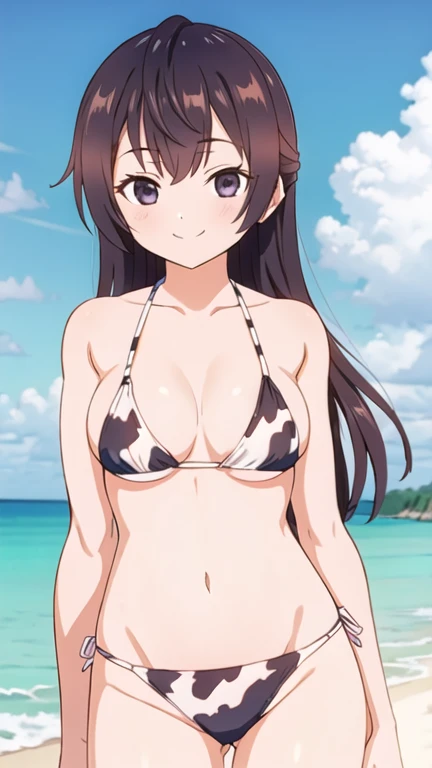 One Girl、Chitanda Eru、long hair、Black Hair、Purple Eyes、Big Breasts、Huge breasts、White bikini swimsuit、Sandy Beach、Smiling while looking down、Watching the audience、Are standing、Upper Body、cute、