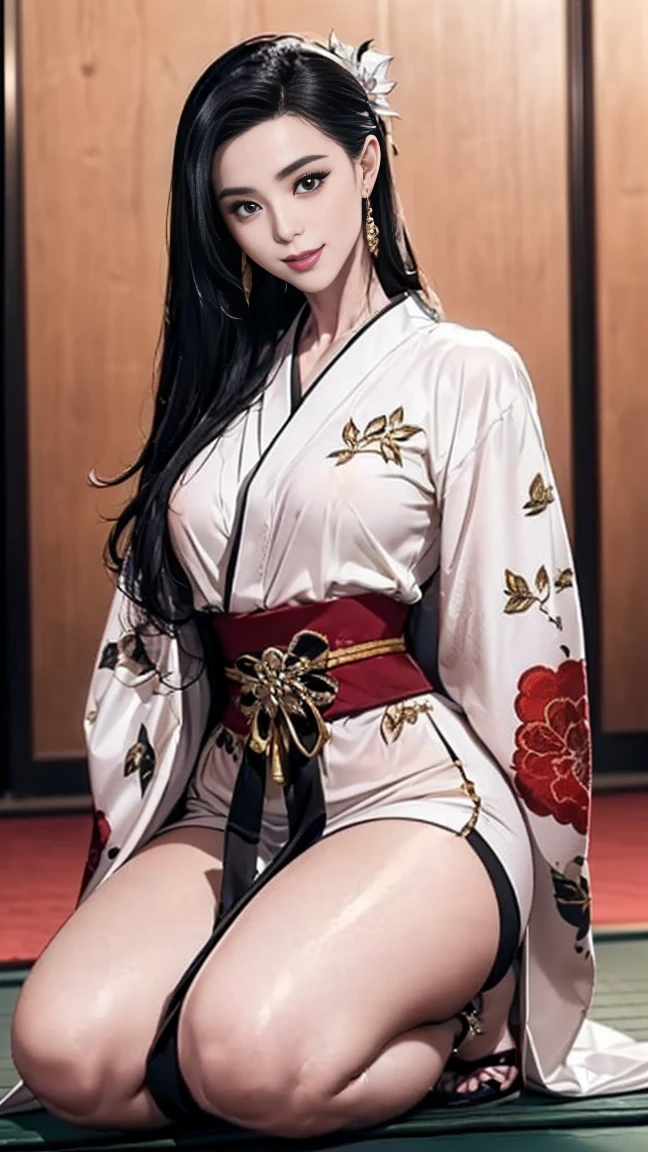 8K Ultra HD, masutepiece, Best quality, beautiful Girl, Long hair, Impressive hairstyle, Royal hair accessories, Nice and cute face, face perfect, Jewelry earrings, Antique jewelry, The attention to detail, Beautiful eyes, meticulous makeup, Thin eyebrows, Beautiful red lips, Medium breasts, Black mesh socks, Thin black silk shirt,There are a lot of white patterns, White lace shirt, Long bangs and long platinum black ponytail, Realistic colors, Magic effects, ancient hanfu background, Full body capture,