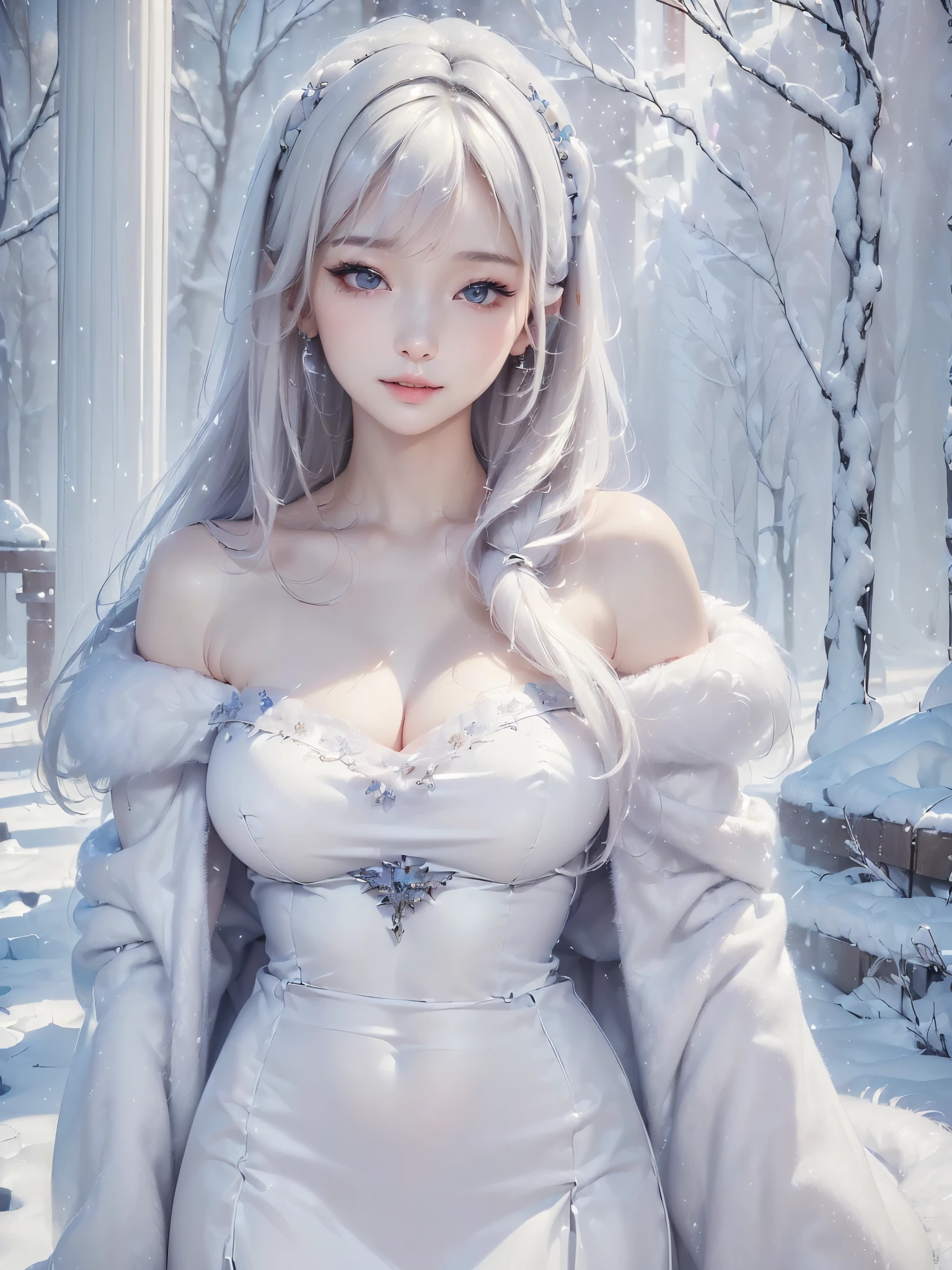 ((masterpiece:1.5、Very detailed、Realistic:1.4))((alone、winter girl、off shoulder clothes, Long skirt, Taking off her fur coat. Detailed face、brightexpression, Whiter skin、large breasts, Best Looks、Ultimate beauty、white straight hair))(ruins)