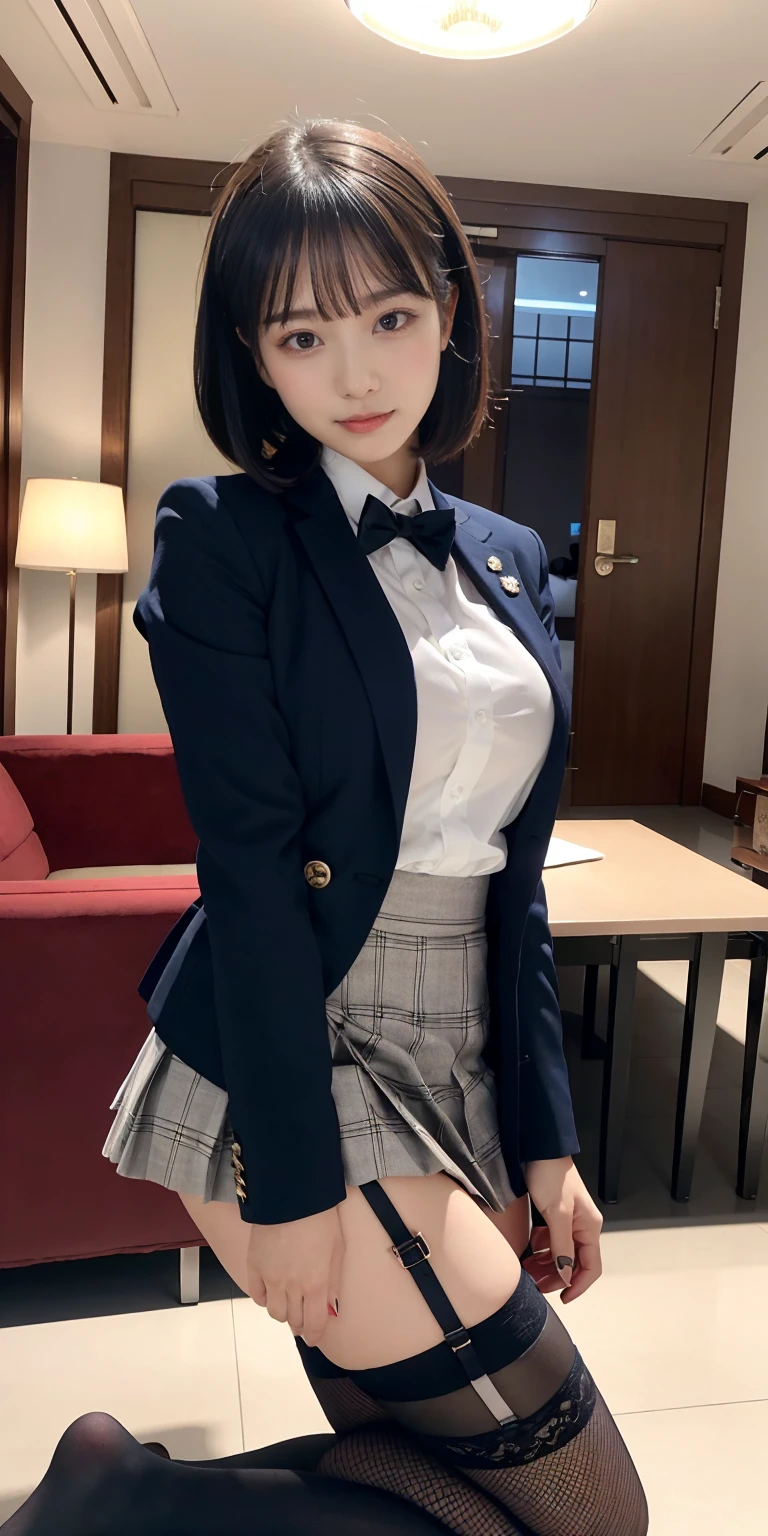 (narrow eyes:1.1), From the middle , (black eye), (japanese woman), 1 girl, (small eyes), very beautiful 17 year old girl, beautiful breasts:1.5, (highly detailed eyes:1.2), (beautiful breasts:1.1), short hair, bangs, (thick legs, huge hips, thick thighs), big breasts, perfect skin, Fair skin, (white teeth), tight waist, alone, looking at the viewer, (laughter:1.2), smile, (School_uniform),(dark blue blazer), (white shirt、Wearing a tie), (gray pleated skirt)