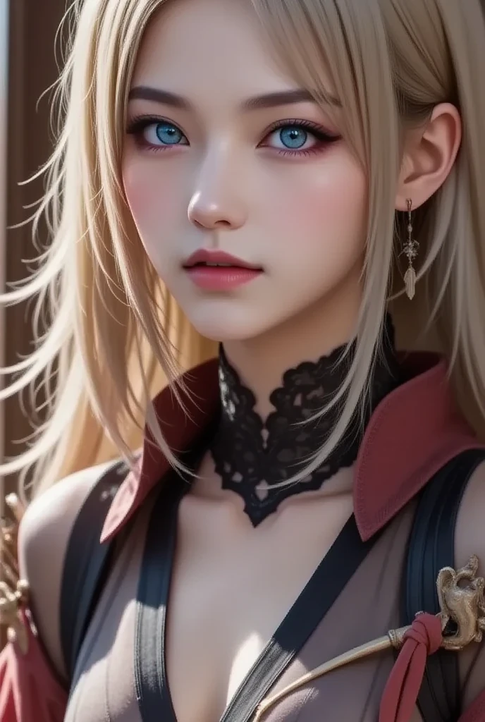 A stunning digital portrait of a young woman with cascading blonde locks and piercing blue eyes, rendered with incredible realism and lifelike detail