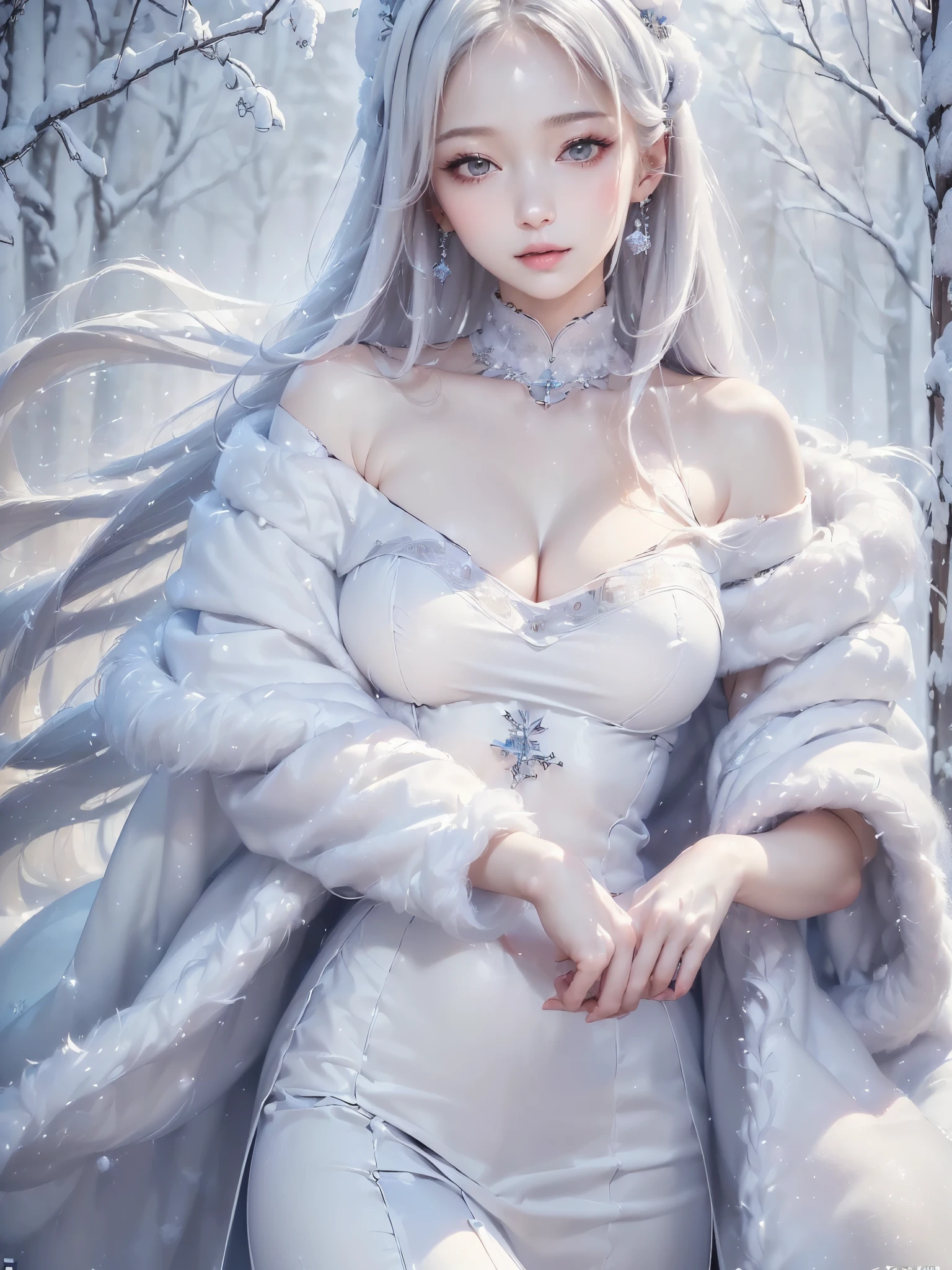 ((masterpiece:1.5、Very detailed、Realistic:1.4))((alone、winter girl、off shoulder clothes, Long skirt, Taking off her fur coat. Detailed face、brightexpression, Whiter skin、large breasts, Best Looks、Ultimate beauty、white straight hair))(ruins)
