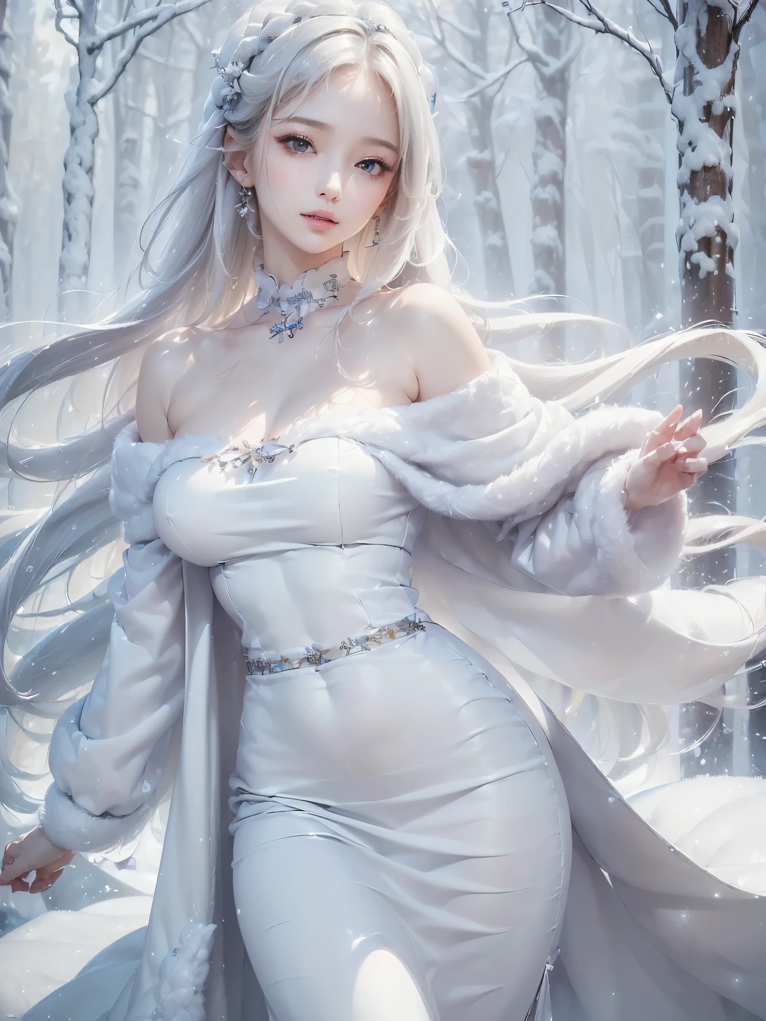 ((masterpiece:1.5、Very detailed、Realistic:1.4))((alone、winter girl、off shoulder clothes, Long skirt, Taking off her fur coat. Detailed face、brightexpression, Whiter skin、large breasts, Best Looks、Ultimate beauty、white straight hair))(ruins)
