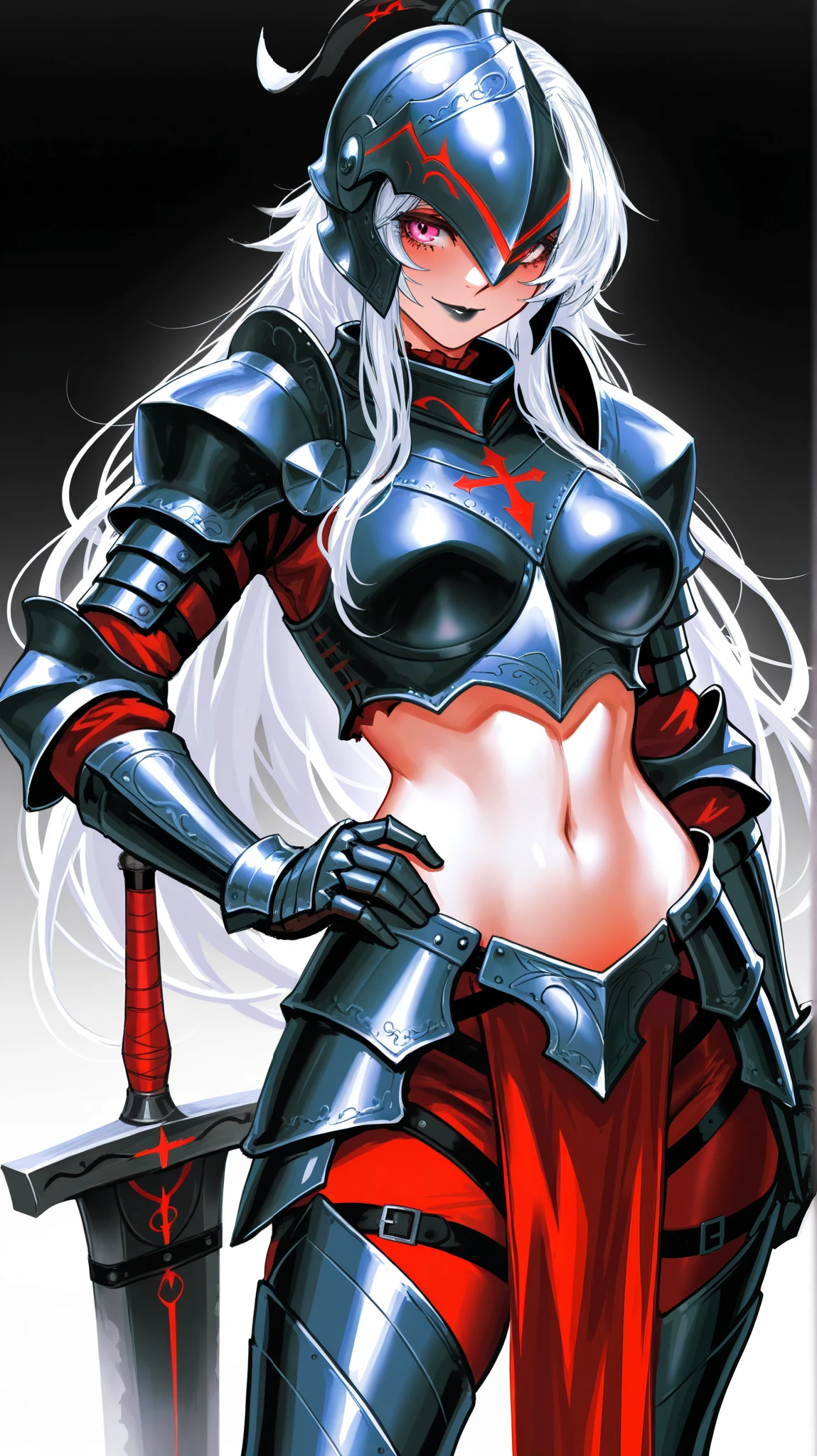medieval rouge, girl, one armed, amputated arm, feat, white hair, fit, 18, smiling, holding a sword, wearing medieval leather armor 