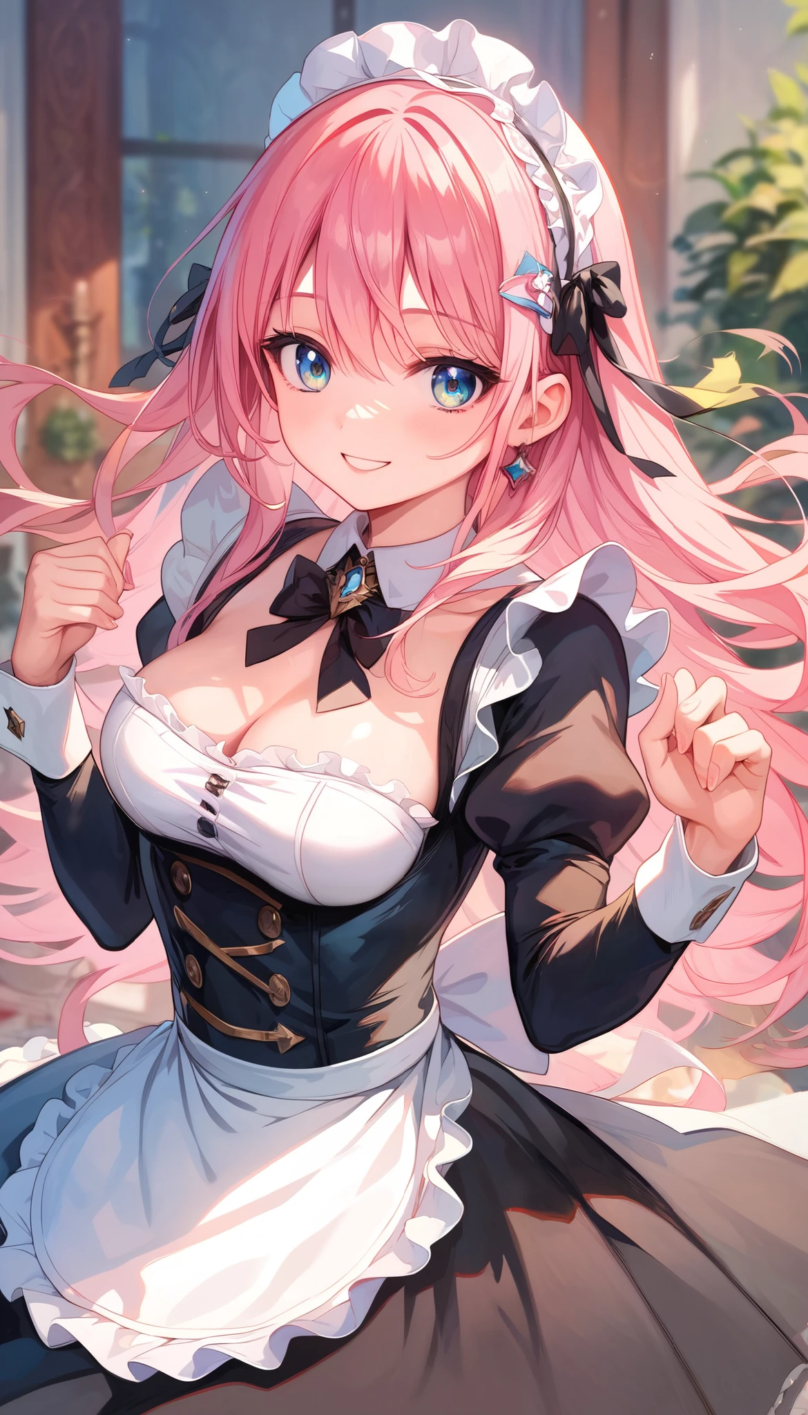 (((Best quality, 8k, Masterpiece: 1.3)), ((best quality)), ((masterpiece)), (detailed), perfect face, A maid girl with long pink hair, she looks at me, smile, A maid costume with frills. She serves at the royal court, high resolution, Textured skin, anime style, shiny hair, long hair, maid headdress