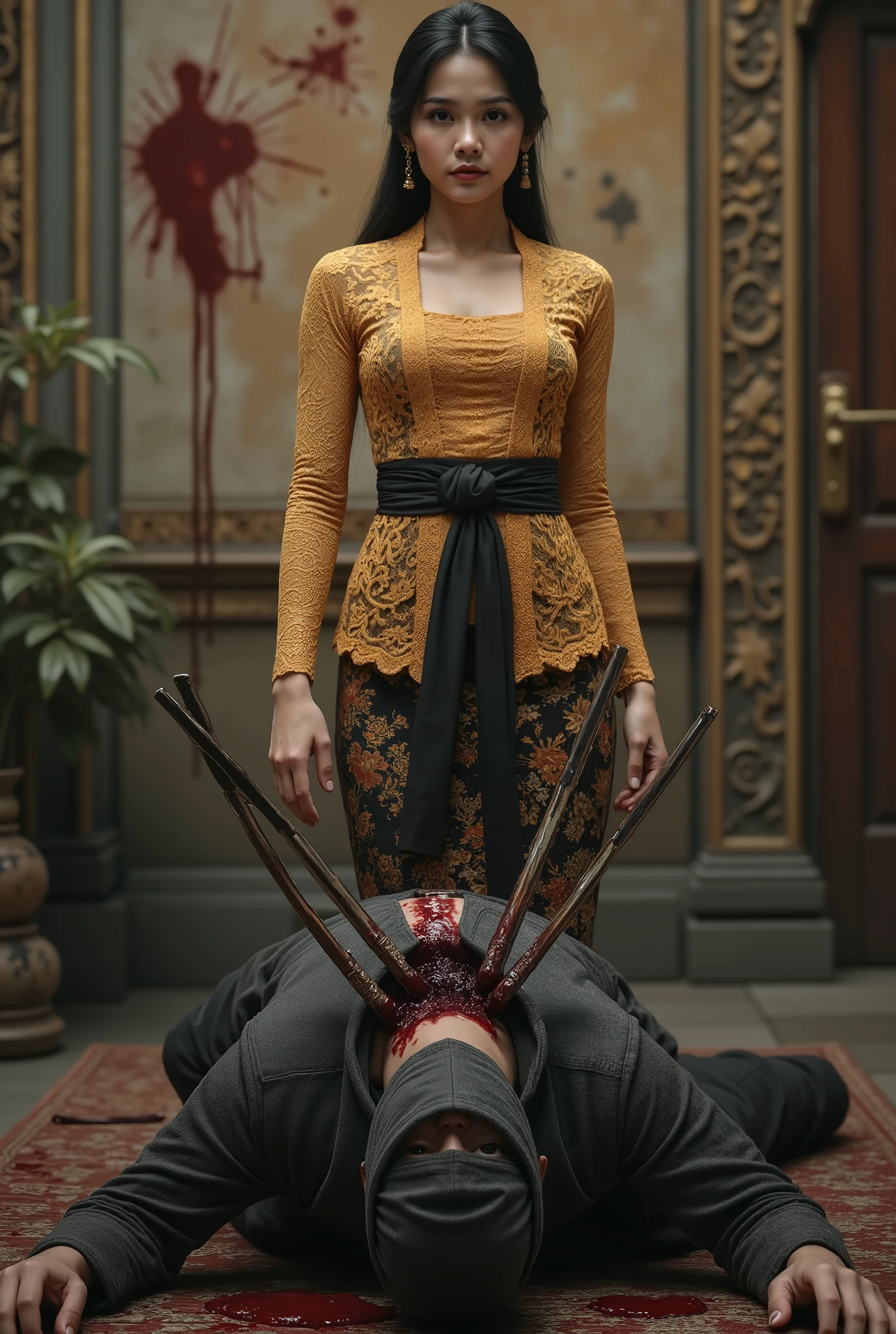 hight quality, Realistic, very beautiful girl, male full face mask, male die, male neck slashed, male neck bloody splash, several long knife stuck into male neck, male ninja, deadly girl, , male hoodie, mansion, girl kebaya