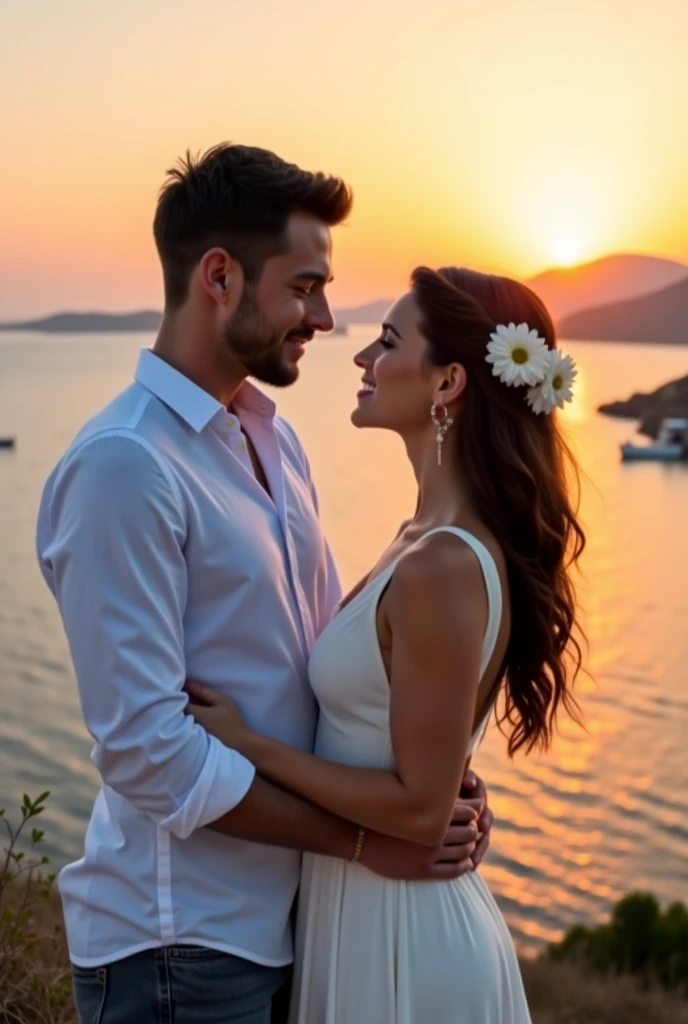 couple in a romantic location,embracing each other and smiling,happy moment,candid shot,outdoor lighting,warm color tone [vibrant,subtle],soft focus,bokeh effect,professional photography style,high resolution,ultra-detailed,feeling of love and connection,beautiful background landscape,crisp image quality,perfectly composed,reflection in water,gentle breeze,love in the air
