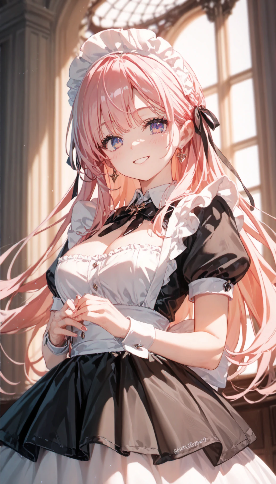 (((Best quality, 8k, Masterpiece: 1.3)), ((best quality)), ((masterpiece)), (detailed), perfect face, A maid girl with long pink hair, she looks at me, smile, A maid costume with frills. She serves at the royal court, high resolution, Textured skin, anime style, shiny hair, long hair, maid headdress