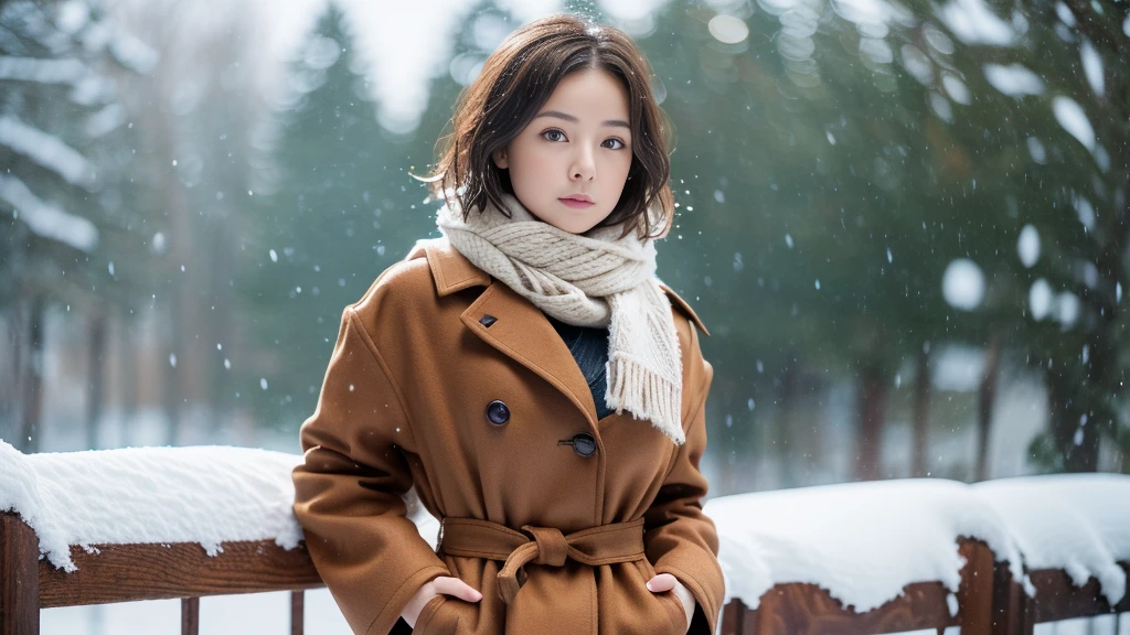 high quality, masterpiece, Ultra-high resolution, (Realistic:1.4), Raw photo, 1, Japanese，Black Hair、Moody tones, Windに揺れる髪、Beautiful woman，cute、２０age、Place one hand in front of their chest、whole bodyショット、flare skirt、cold、winter，Snow Scene，Snowfall，White coat，a red checked wool scarf，Detailed depiction of the hand、short hair、Short Hair、whole body、Red check muffler、Natural light、Shadow representation、Face light and dark、Don't look over here、Looking into the distance、Look away、Wind、sense of cleanliness