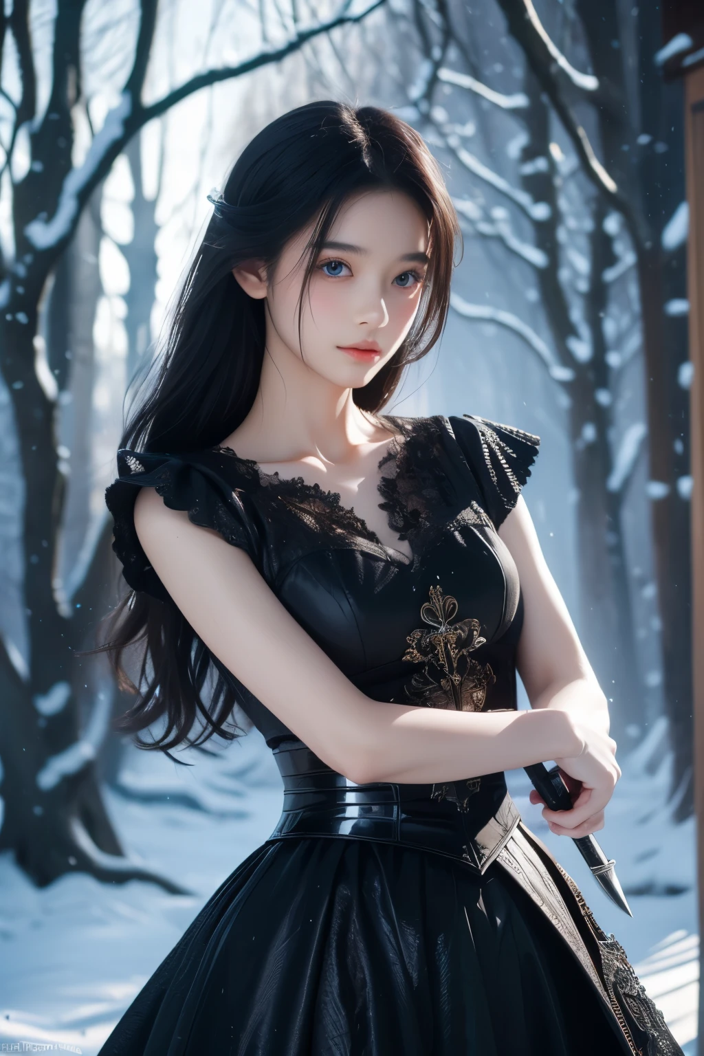 ( masterpiece, top quality, best quality,8k, girl,ultra detailed,raw photo:1.5),(photorealistic:1.4),(cinematic lighting), PerfectNwsjMajic, , Surrealism, UHD, ccurate, Super detail, textured skin, High detail, Best quality, dynamic angle, (high nose,White skin),[Beautiful blue eyes],[flat chest:large breasts:0.5],(1girl),(good anatomy:0.5)), of a woman in a dress with a sword, a beautiful fantasy empress, ((a beautiful fantasy empress)), beautiful fantasy maiden,snow,black hair