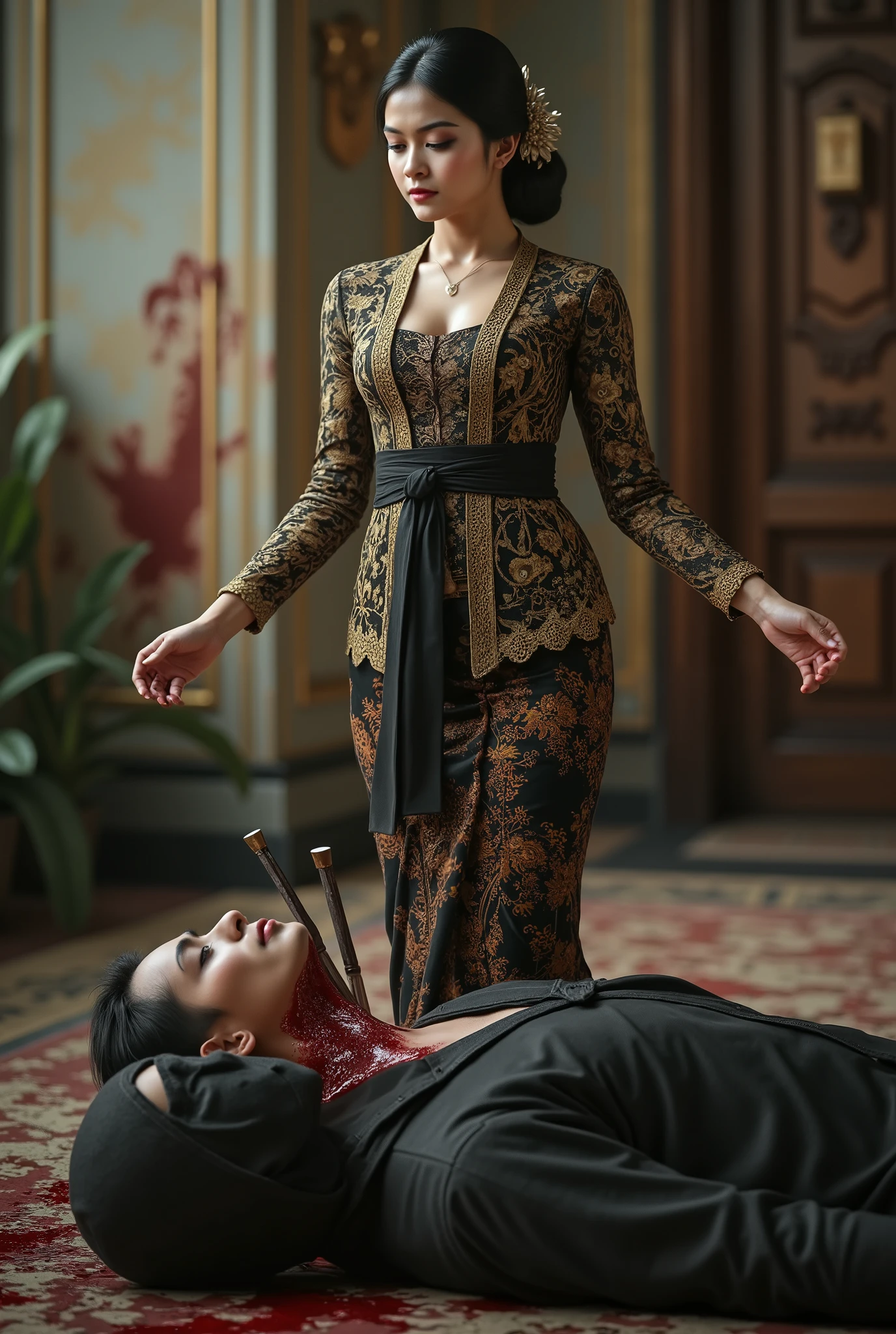 hight quality, Realistic, very beautiful girl, male full face mask, male die, male neck slashed, male neck bloody splash, several long knife stuck into male neck, male ninja, deadly girl, , male hoodie, mansion, girl kebaya