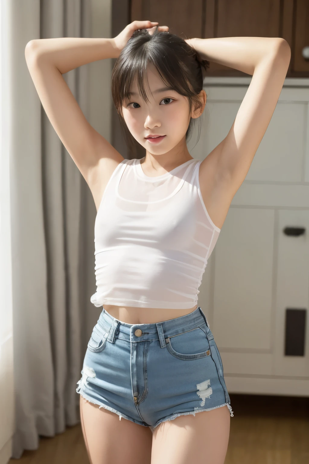 Super realistic junior high school student, Woman, 11, pre teen, ethnic chinese , very thin , wearing a transparent and tight sleeveless white t-shirt, raising both his arms high to show his armpits, undefined,