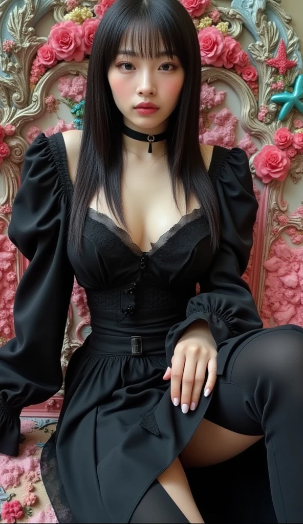 egirl, high quality fingers, normal hands, detailed fingers,masterpiece, (realistic, photo-realistic:1.37), medium breast, small waist, beautiful face, perfect illumination, beautiful detailed eyes,looking at viewer, stunningly beautiful woman, detailed hairstyle, egirl in gamergirl room, ((black ruffle skirt)), choker, cat ears, ((laced crop top)), sitting on bed, spread legs, Colored Bangs hair, big ass, chains, leash, heart tatto face
