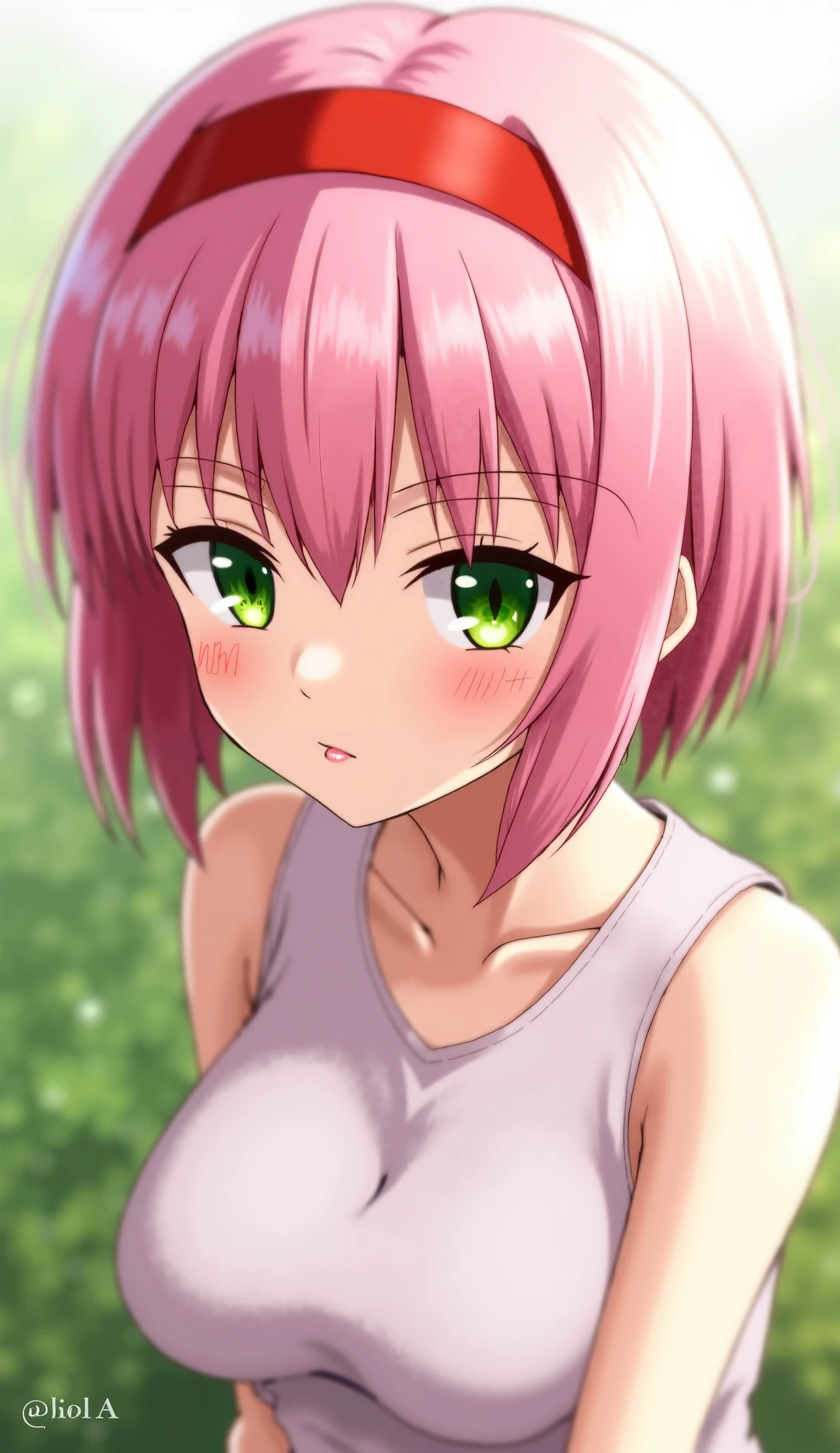 A female character from the anime Boku no hero academy who has the following short pink hair , who has two green bows in her hair. The character has green eyes . She is wearing a lilac strapless dress. On his forehead he has a symbol in the shape of a black crescent moon..
