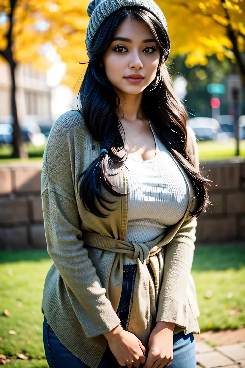 Beautiful Bollywood supermodel woman with a , black hair, bangs, twintail, widest waist, fitting breasts, curvy accentuated booty, sparkling olive-green eyes, long eyelashes, thick thighs, Strong calves, smirk, taniaayusiregar, She wears a black wool cardigan, yellow shirt, white jeans, brown belt, black beanie, she waits in a park, photorealistic, Masterpiece, bokeh, Volumetric lighting, Fall season atmosphere, uhd, masterpiece, highest quality