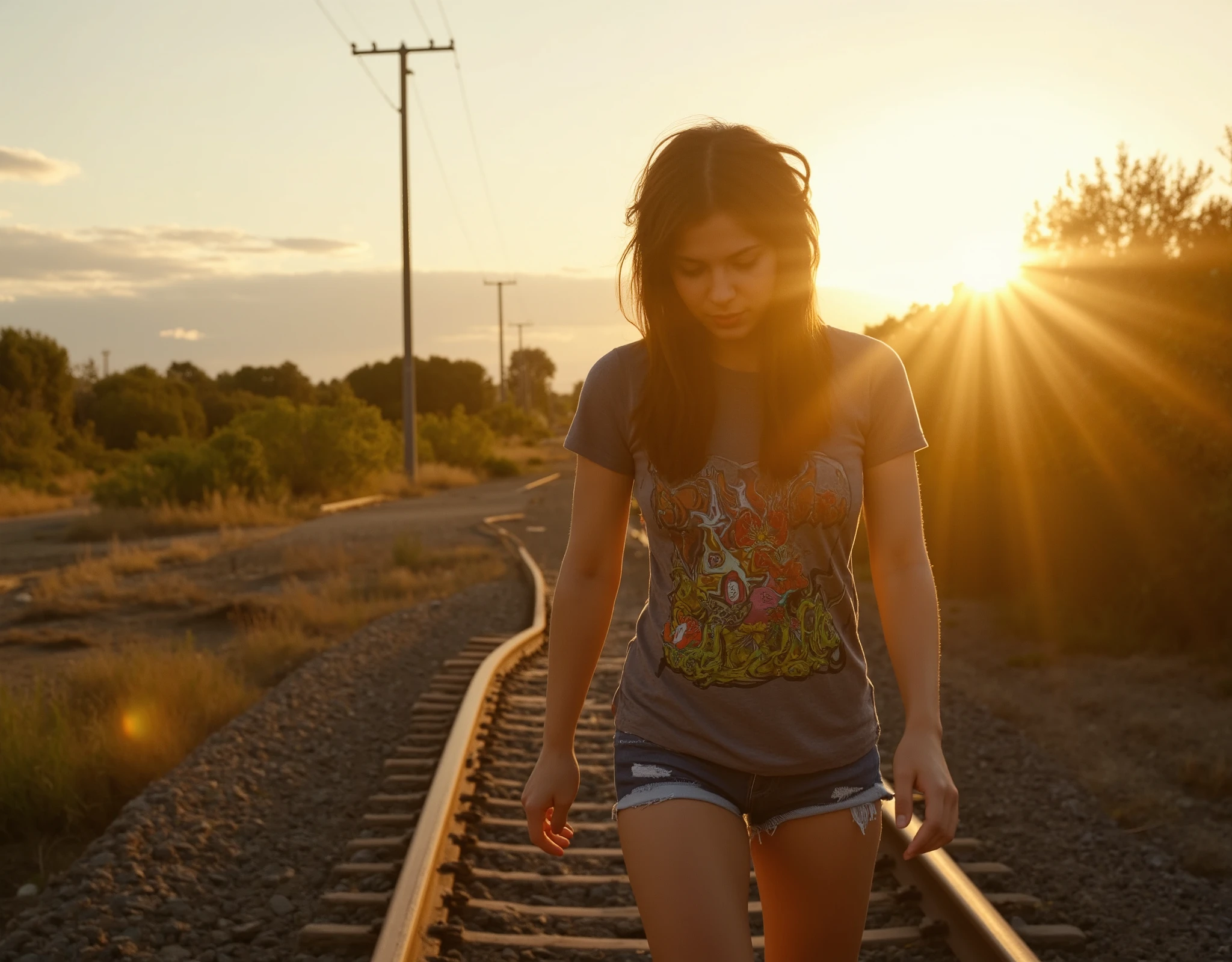 Cinematic shot of a young 18-year-old girl walking along the train tracks. Her long brown hair is tousled by the wind. Fair skin and slim body, wearing a gray t-shirt with a psychedelic print and frayed denim shorts. She is walking on an old abandoned train track, looking down at the ground, typical California vegetation. Depth of field, in the distance you can see towers and transmission lines. In the sky there are sparse clouds and airplane trails. Outdoor shot, summer sunset, high exposure, sunbeams, ray of god, bokeh effect.