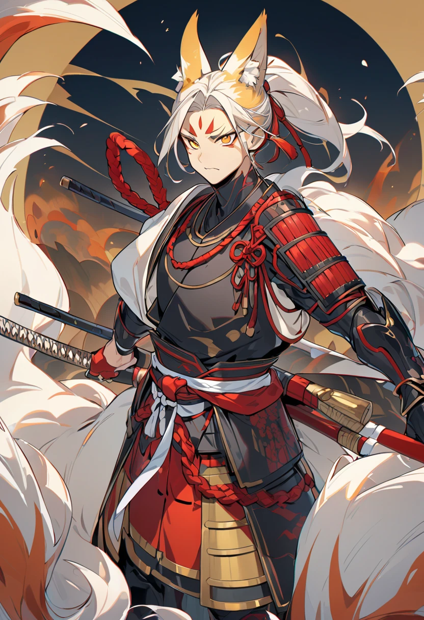 man in samurai armor with fur around the neck and waist, Wearing a devil's helmet, Dusty ornaments, Tired of fighting, Man Warrior, armor, amazing, Facial blemishes, DND Character Portrait, Complex, 8k resolution, Dynamic Lighting, Ultra-detailed, Unreal 5, Volumetric lighting, Alphonse Mucha, Pre-Raphaelites, Detailed Background, Mandala, Detailed face, Detailed eyes, neon eyes