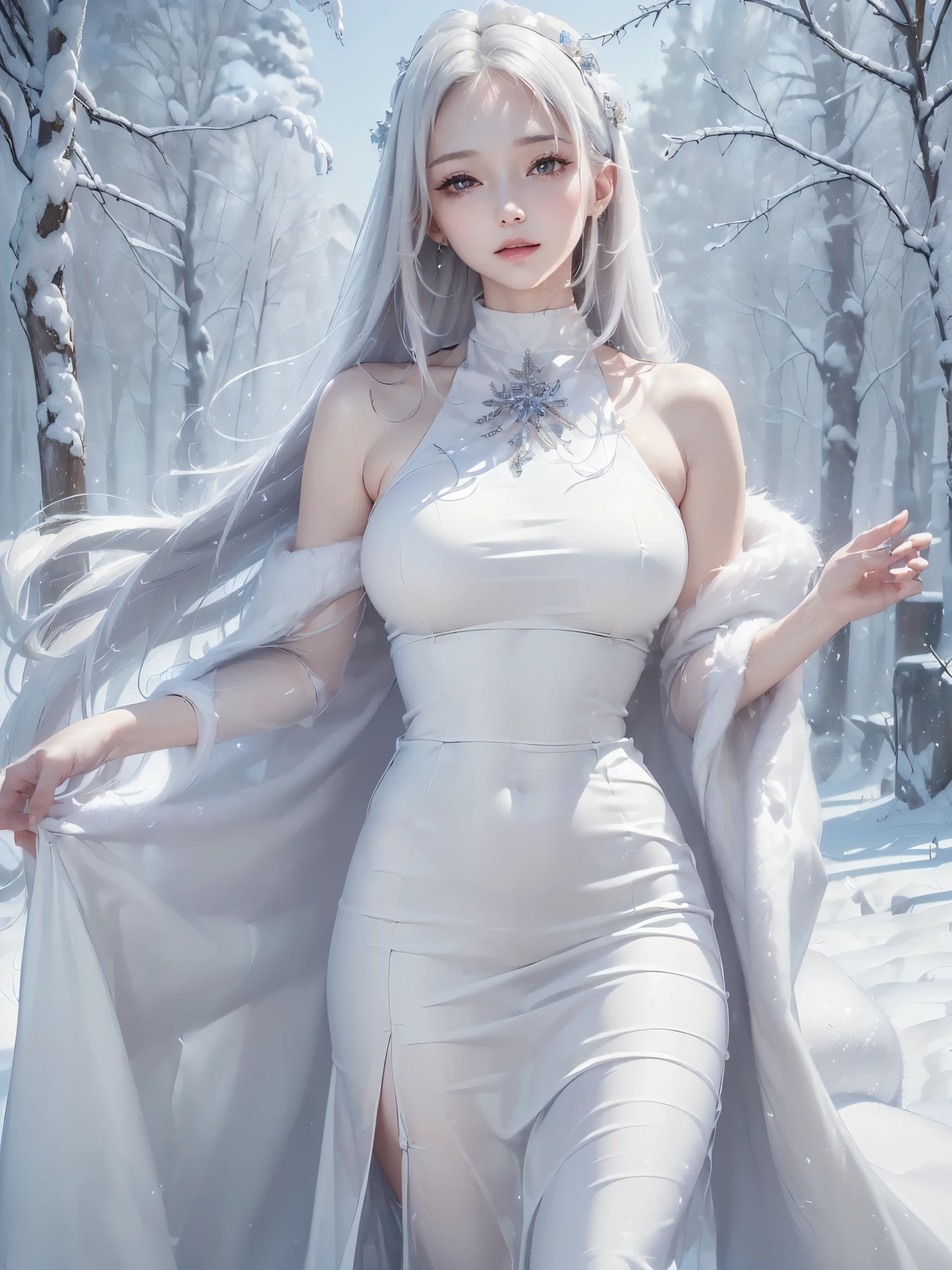 ((masterpiece:1.5、Very detailed、Realistic:1.4))((alone、winter girl、halter neck dress, Long skirt, Taking off her fur coat. Detailed face、brightexpression, Whiter skin、medium breasts, Best Looks、Ultimate beauty、white straight hair))(ruins)
