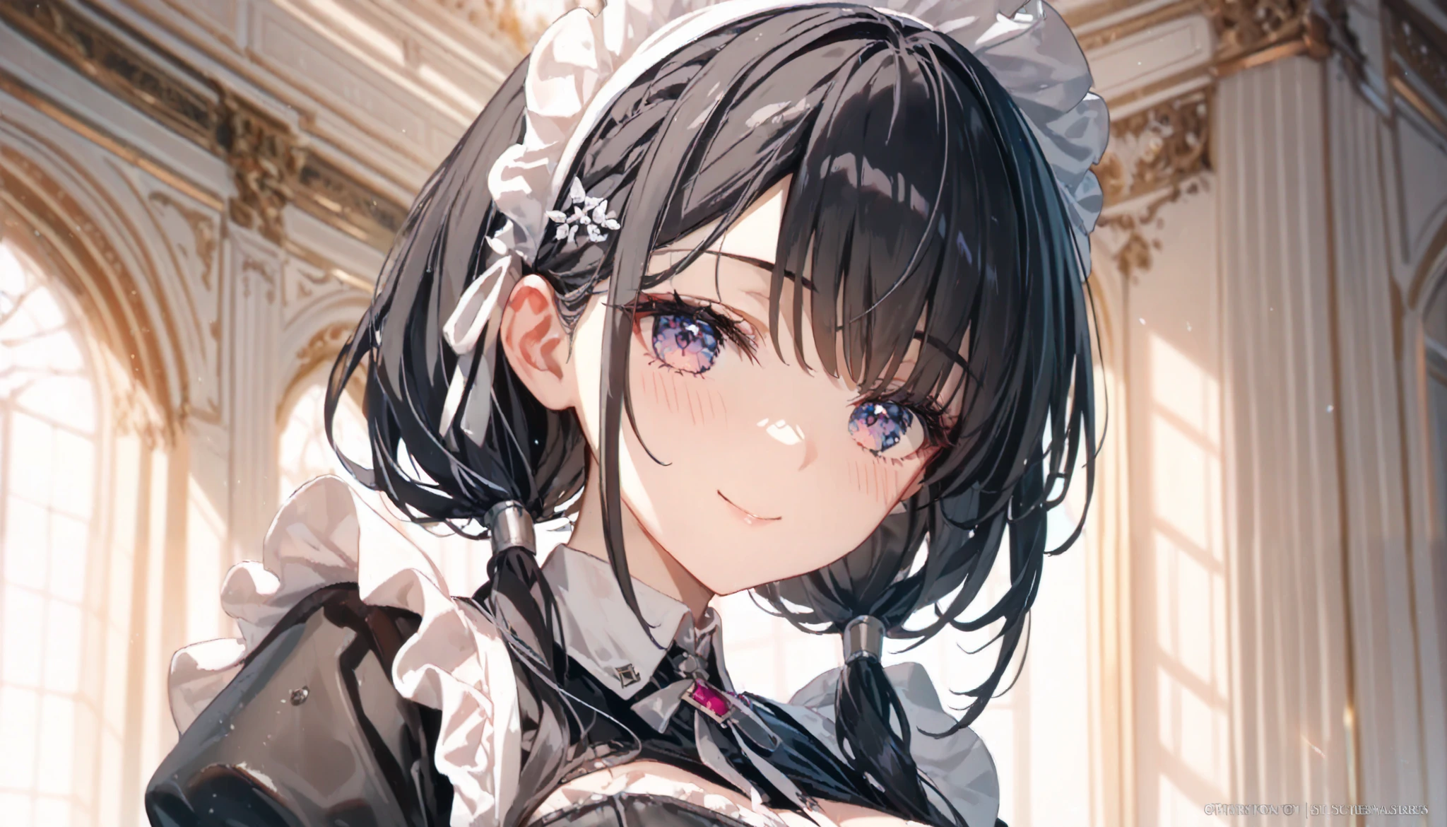 (((Best quality, 8k, Masterpiece: 1.3)), ((best quality)), ((masterpiece)), (detailed), perfect face, A maid girl with black hair, she looks at me, smile, A maid costume with frills. She serves at the royal court, high resolution, Textured skin, anime style, shiny hair, long pigtails, maid headdress