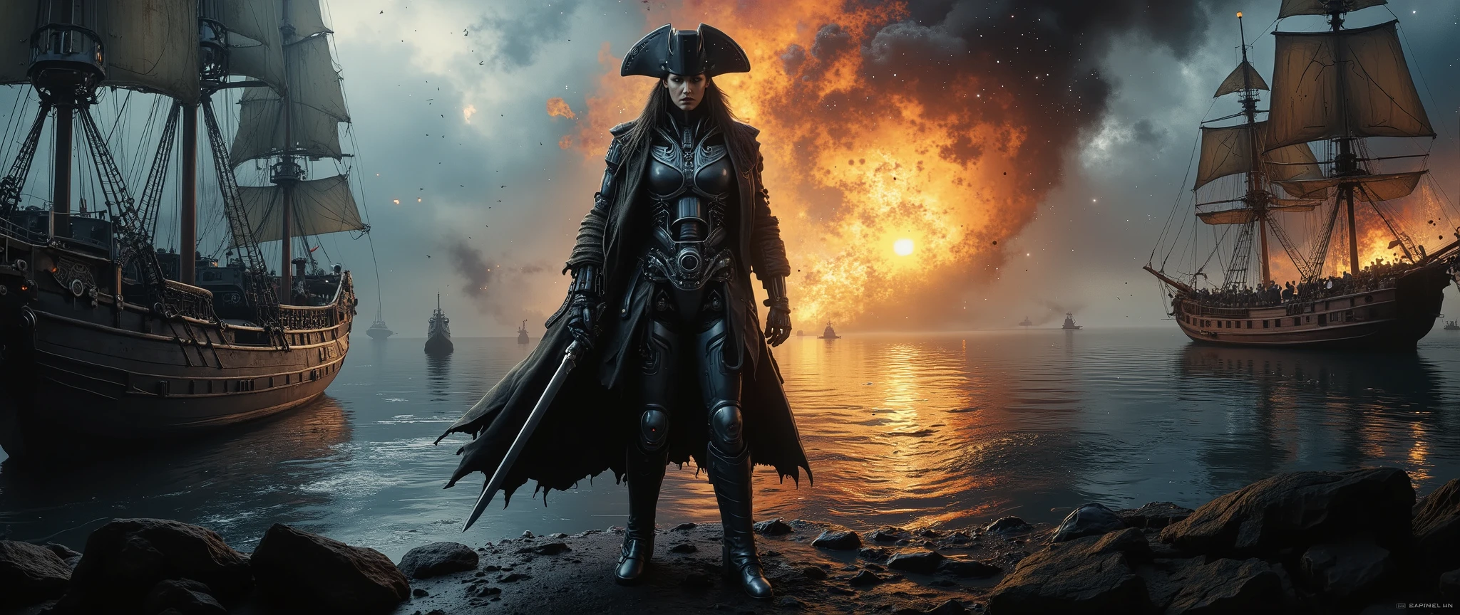 sci-fi, fantasy, panoramic view, full body shot of female android who is a pirate captain of a caribbean pirate ship, wearing pirate clothes, anfry look, command a ship and pirates during ship battle, pointing with pirate sword to enemies ship, XVIII century, fantasy, science fiction, detailed cyberpunk robot, incredibly detailed face and body, pirates clothes, beautiful intricate mechanical details, complex gears and machinery, pirates ships naval battle in background, gun shots, gun explosions, gun smoke, cinematic color palete, dramatic lighting, cinematic composition, photorealistic, 8k, best quality, masterpiece, Panoramic, full body shot, fantasy elemental, cyborg girl, robotic body, ARob,