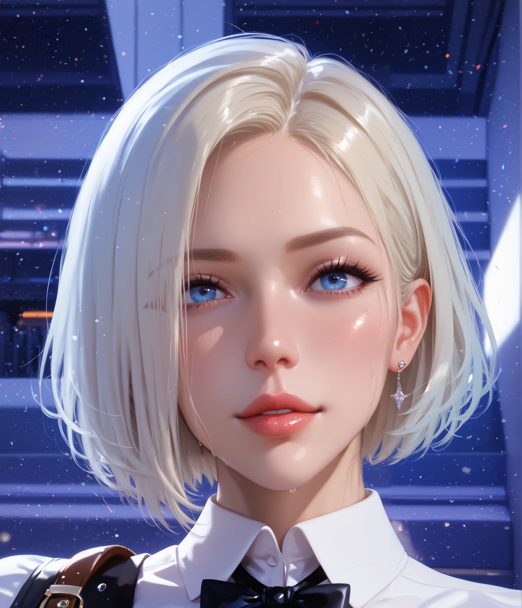 NSFW, erotica,  perfect body ,  adult woman ,  handsome She has a business suit on one side, but there must be some latex elements,  sexuality,  Better quality , pure quality ,  High quality , 4K, 8k, одна  woman  , сексуальная  woman  ,  platinum blonde ,  big breasts, 1 girl face  .  The main character , female Face in the frame,  short hair , square,  woman  ,  blue-eyed blonde with short hair , wants,  smiles, Waiting, взрослая  woman ,  handsome She has a business suit on one side, but there must be some latex elements