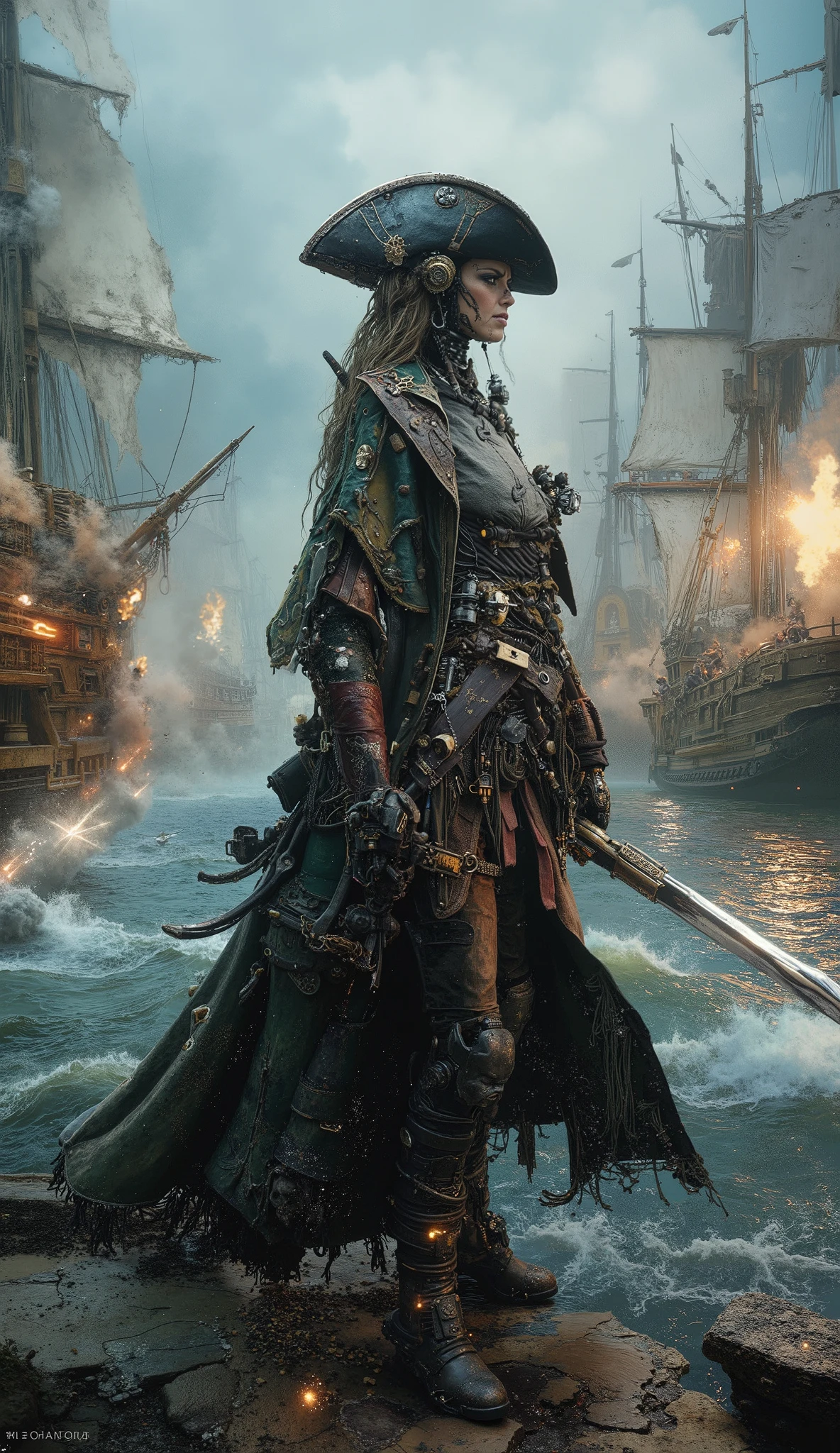 sci-fi, fantasy, panoramic view, full body shot of female android who is a pirate captain of a caribbean pirate ship, wearing pirate clothes, anfry look, command a ship and pirates during ship battle, pointing with pirate sword to enemies ship, XVIII century, fantasy, science fiction, detailed cyberpunk robot, incredibly detailed face and body, pirates clothes, beautiful intricate mechanical details, complex gears and machinery, pirates ships naval battle in background, gun shots, gun explosions, gun smoke, cinematic color palete, dramatic lighting, cinematic composition, photorealistic, 8k, best quality, masterpiece, Panoramic, full body shot,  fantasy elemental, cyborg girl, robotic body, ARob, 