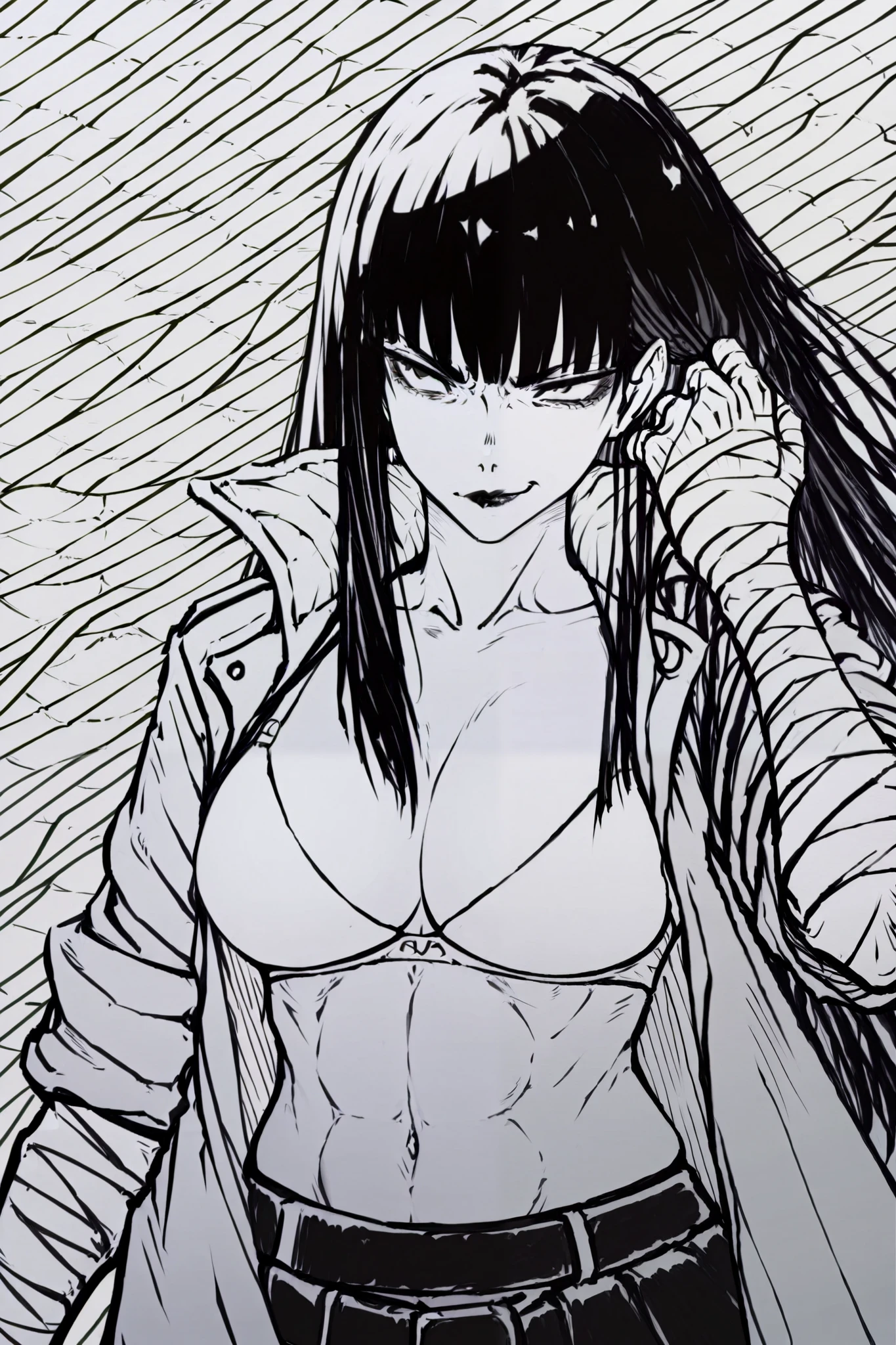 score_9, score_8_up, score_7_up, score_6_up, score_5_up, score_4_up,  
BREAK
(masterpiece: 1.0), best quality, perfect anatomy, perfect composition, perfection, 
BREAK
line art, lineart, monchrome, greyscale, masterpiece. KDM style, kdm style
BREAK
1girl, long hair, straight hair, black hair, button nose, black lips, plump lips, hime cut, asian, athletic, bandaged arms, smirk, open jacket, bra, visible abs, absolutely beautiful,