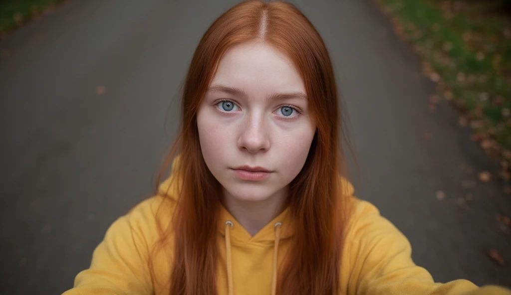 18 year old girl with straight red haired and big blue eyes, long hair, 1girl, pure white skin, clean skin, clean face, , realistic face, real face, neutral looking, no smile, she wearing yellow hoodie, masterpiece, selfie photo, high angle from above, on the road outdoors, fall, instagram.