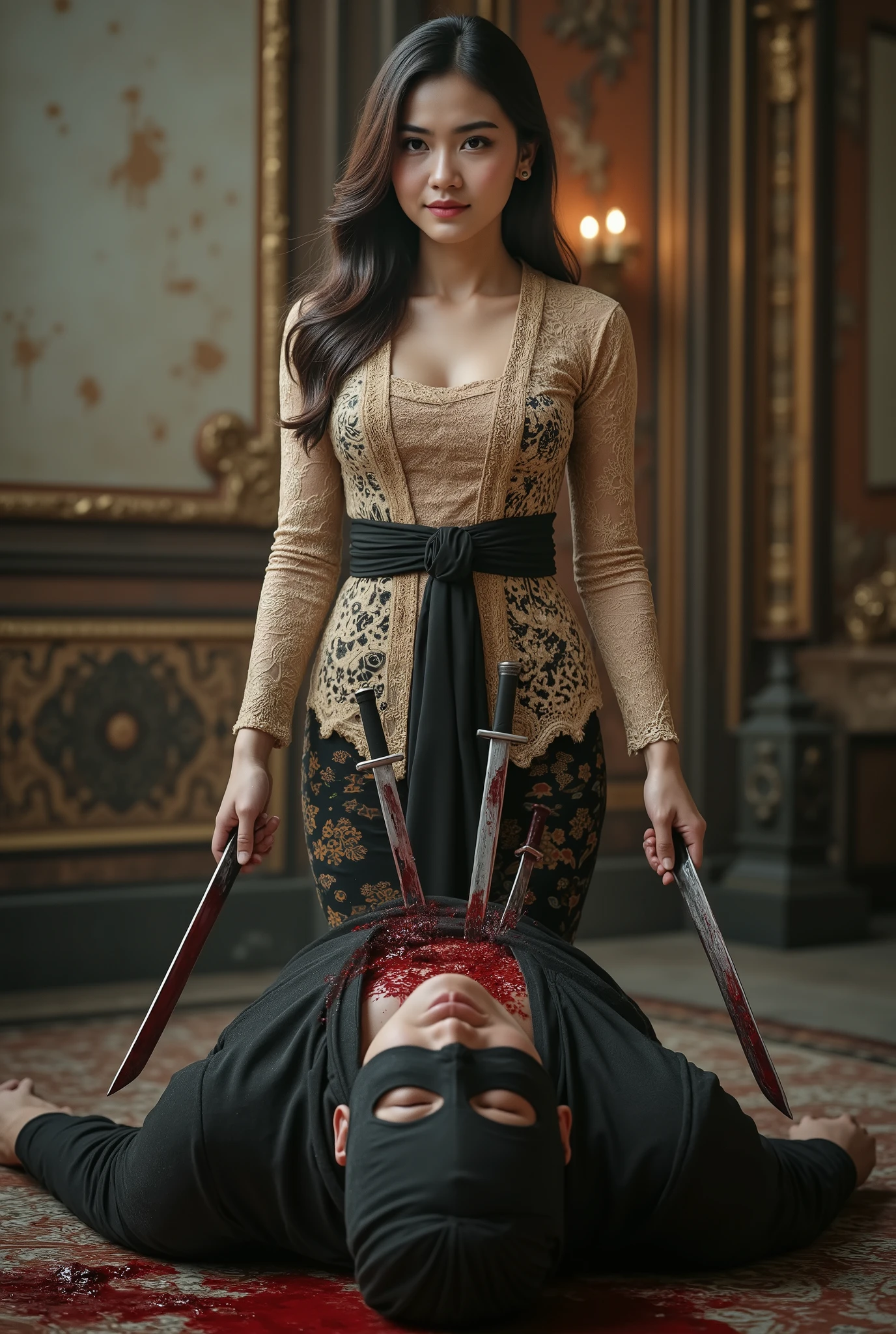 hight quality, Realistic, very beautiful girl, male full face mask, male die, male neck slashed, male neck bloody splash, several long knife stuck into male neck, male ninja, deadly girl, , male hoodie, mansion, girl kebaya