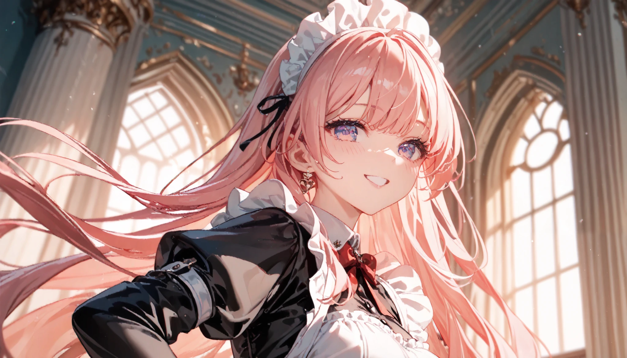 (((Best quality, 8k, Masterpiece: 1.3)), ((best quality)), ((masterpiece)), (detailed), perfect face, A maid girl with long pink hair, she looks at me, smile, A maid costume with frills. She serves at the royal court, high resolution, Textured skin, anime style, shiny hair, long hair, maid headdress