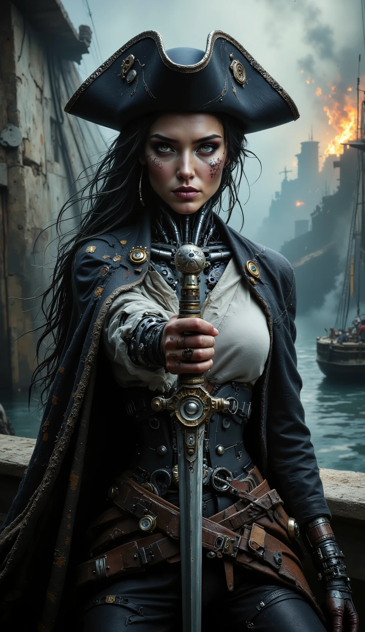 sci-fi, fantasy, panoramic view, full body shot of female android who is a pirate captain of a caribbean pirate ship, wearing pirate clothes, anfry look, command a ship and pirates during ship battle, pointing with pirate sword to enemies ship, XVIII century, fantasy, science fiction, detailed cyberpunk robot, incredibly detailed face and body, pirates clothes, beautiful intricate mechanical details, complex gears and machinery, pirates ships naval battle in background, gun shots, gun explosions, gun smoke, cinematic color palete, dramatic lighting, cinematic composition, photorealistic, 8k, best quality, masterpiece, Panoramic, full body shot, fantasy elemental, cyborg girl, robotic body, ARob, aidmafluxpro1.1